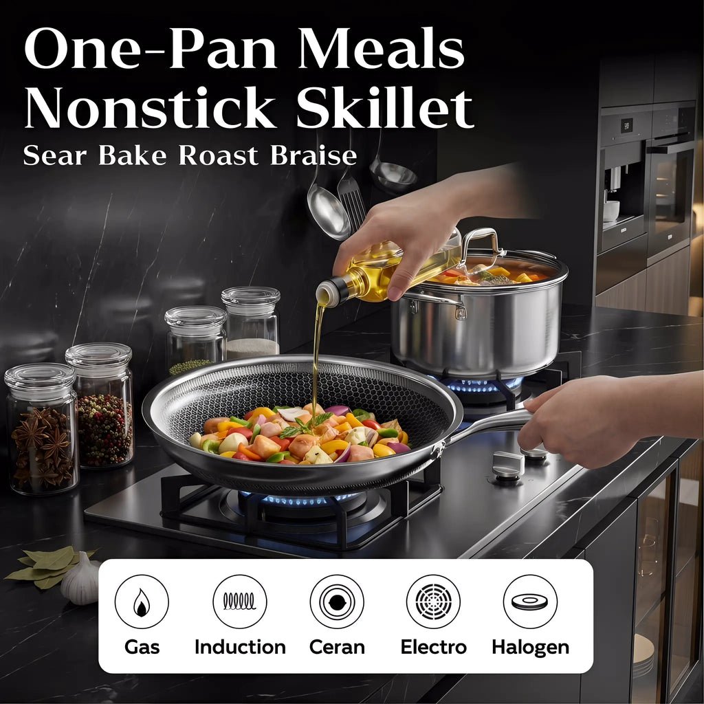 XBM Professional 3-Piece Hybrid Nonstick Cookware Set, Mother'S Day Gift,Rivetless Ceramic Honeycomb Skillets (8", 10", 12"), 100% PTFE/PFOA Free, Tri-Ply Stainless Steel, Induction & Oven Safe Lid Pans Wok