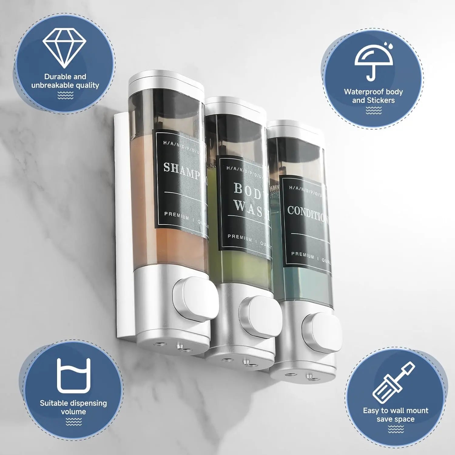 Zoronk Shower Soap Dispenser Wall Mounted No Drill Shampoo Dispenser for Shower Wall Shampoo and Conditioner Dispenser Bathroom Hotel 3 * 300Ml Sliver with Labels