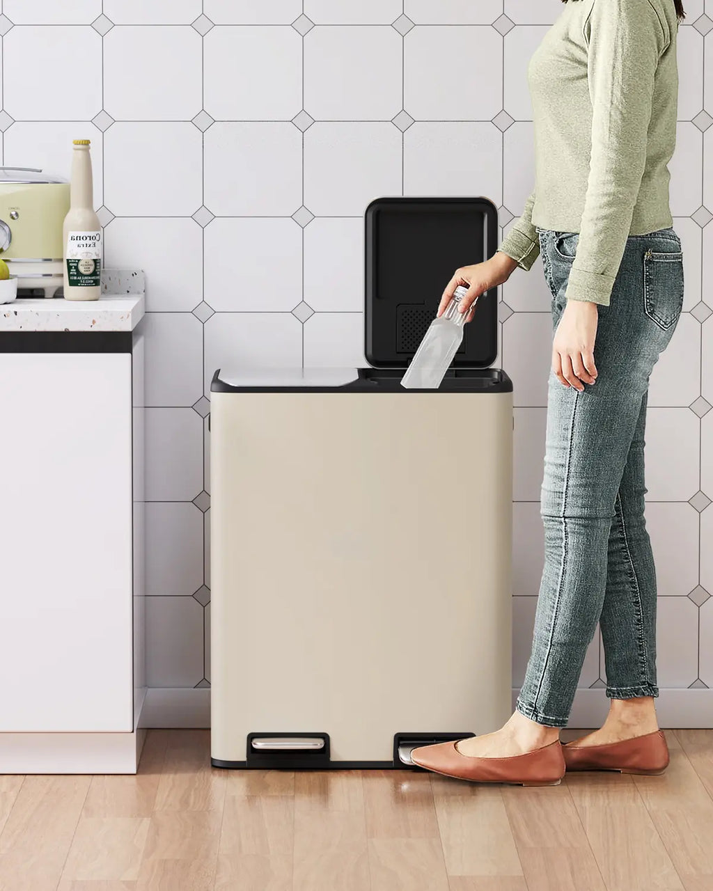 Arlopu 16 Gallon (60L) Stainless Steel Trash Can, 2X8 Gallon (2X30 L) Double Garbage Can with Soft-Close Lid, Removable Inner Buckets, Foot Pedal, Side Handle for Kitchen Home Office Summervibes