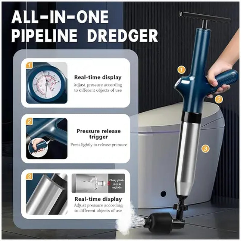 High Pressure Toilet Plunge, Toilet Plunger Drain Clog Remover, Multi-Drain Unclogger for Toilets, Bathroom, Sink, Kitchen Clogs, Stainless Steel Design with Real-Time Pressure Gauge