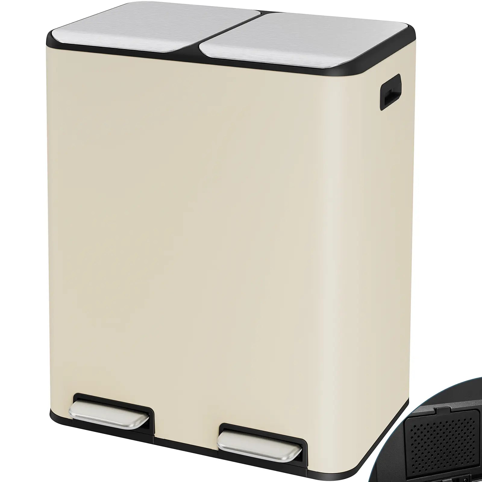 Arlopu 16 Gallon (60L) Stainless Steel Trash Can, 2X8 Gallon (2X30 L) Double Garbage Can with Soft-Close Lid, Removable Inner Buckets, Foot Pedal, Side Handle for Kitchen Home Office Summervibes