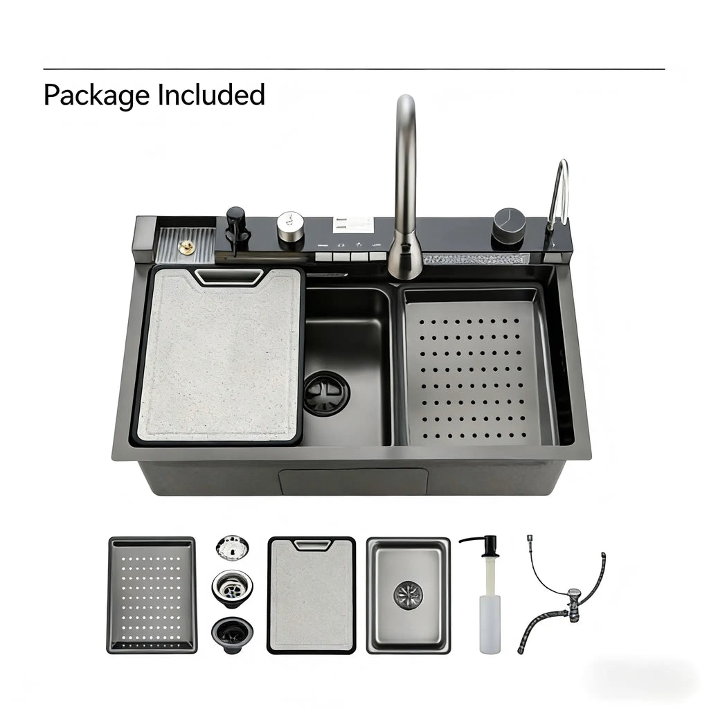 30 Inch Smart Kitchen Sink with Digital Display, Water Powered Piano Key Control, 3 Water Modes Pull Out Faucet, Honeycomb Coating, Workstation Sink with Cup Washer Compatible with US Garbage Disposal