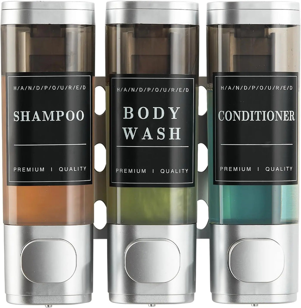 Zoronk Shower Soap Dispenser Wall Mounted No Drill Shampoo Dispenser for Shower Wall Shampoo and Conditioner Dispenser Bathroom Hotel 3 * 300Ml Sliver with Labels