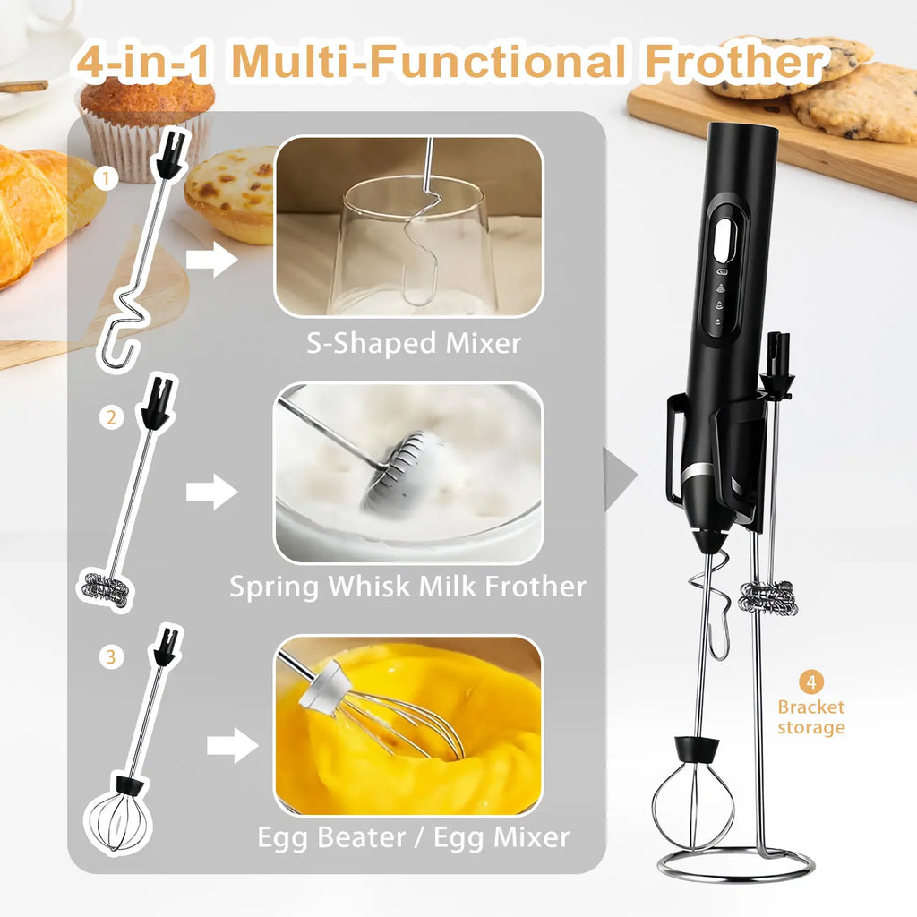 Upgraded Rechargeable Handheld Milk Frother with 3 Whisk Heads and 3 Speed Settings - Electric Coffee Mixer and Drink Foamer for Cappuccino, Latte, Cream, Hot Chocolate, and Egg Beating - Portable Stainless Steel Kitchen Tool