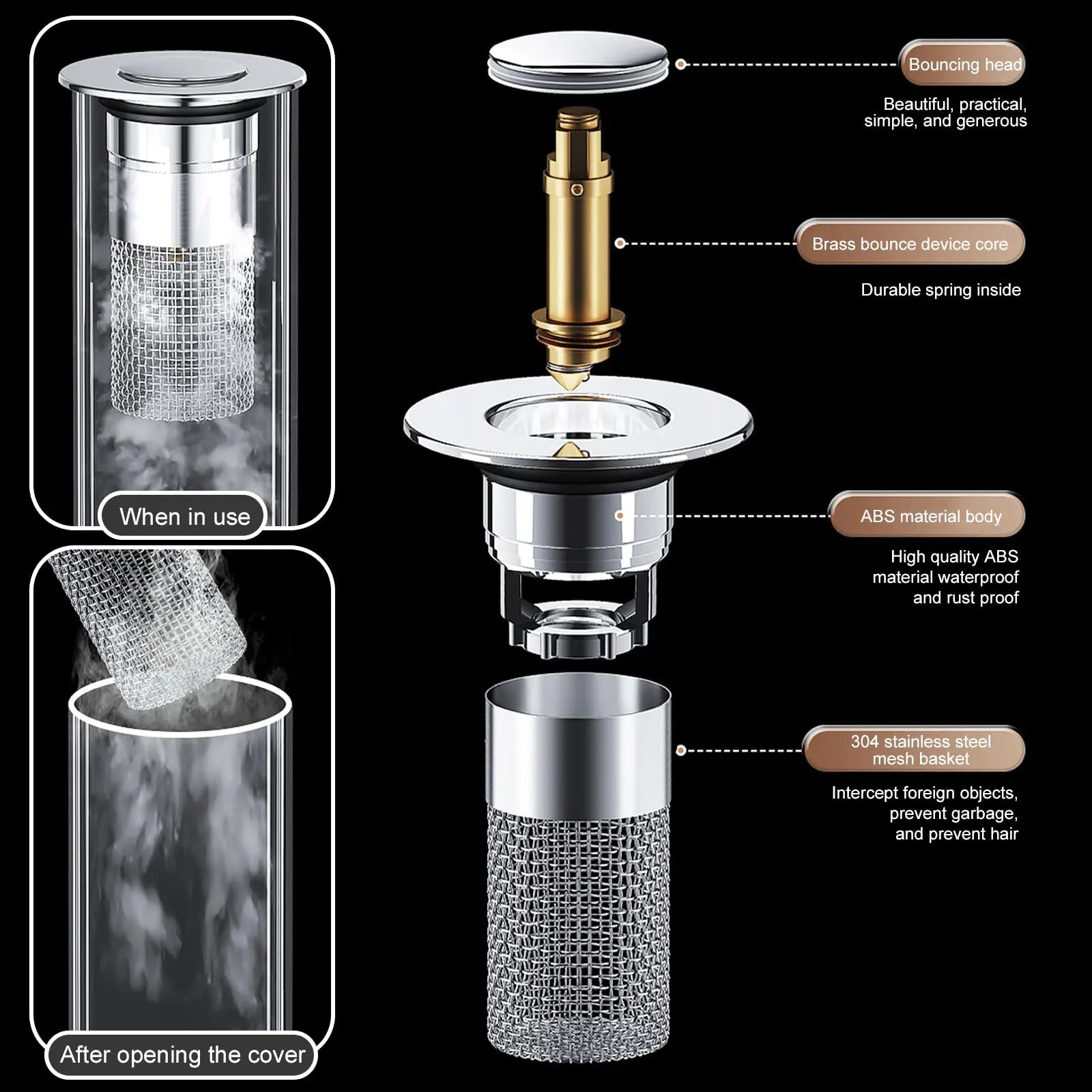Sink Stopper Hair Catcher,(2Pcs) Pop-Up Sink Drain Strainer with Removable Stainless Steel Strainer Basket Hair Catcher, Bathroom Sink Strainer for Bathroom Sink Stopper Replacement