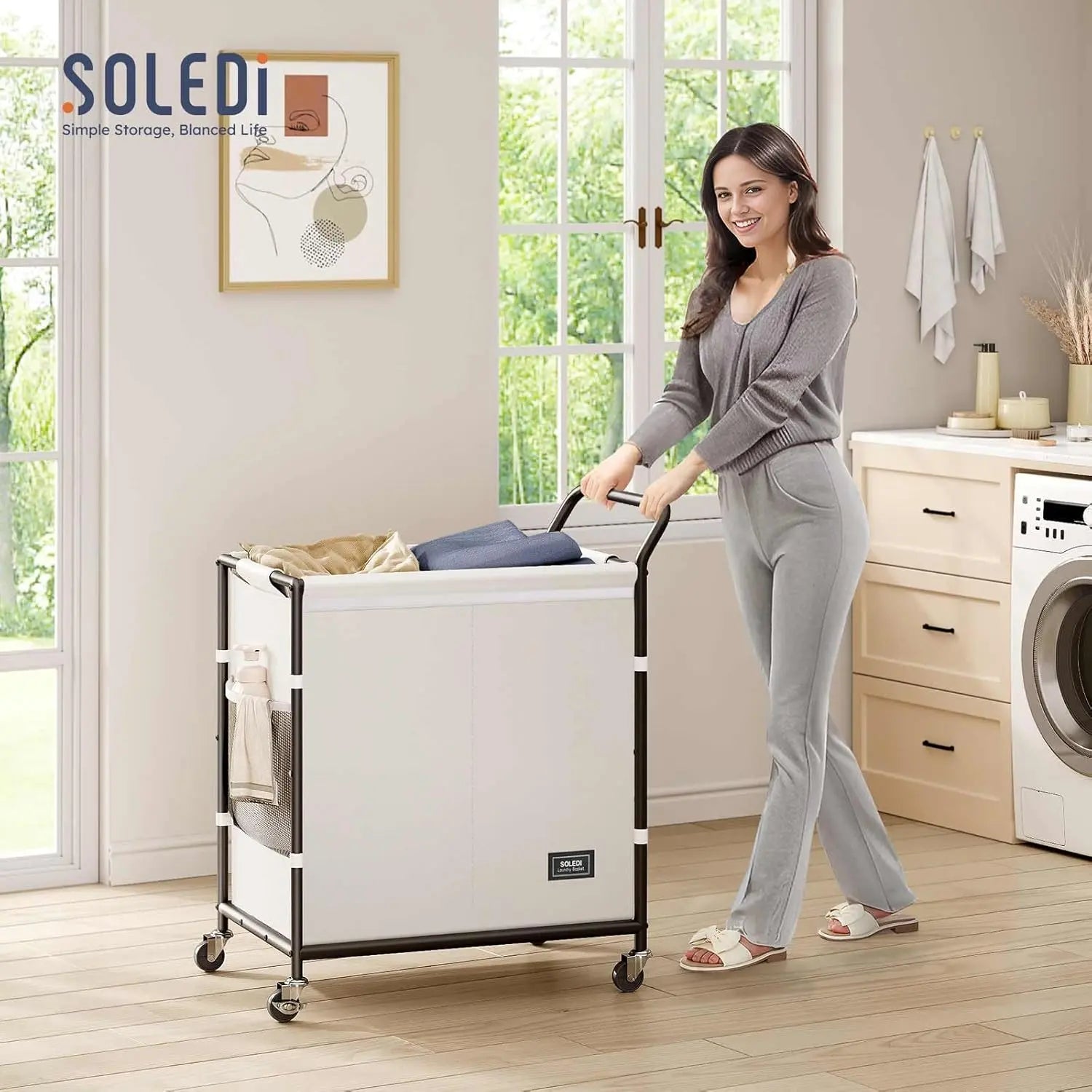 SOLEDI 38-Gallon (145L) Two-Section Laundry Basket with Wheels, Sturdy Metal Frame and Handle, Rolling Laundry Cart for Bedroom Aesthetics, Easy Assembly, Ivory
