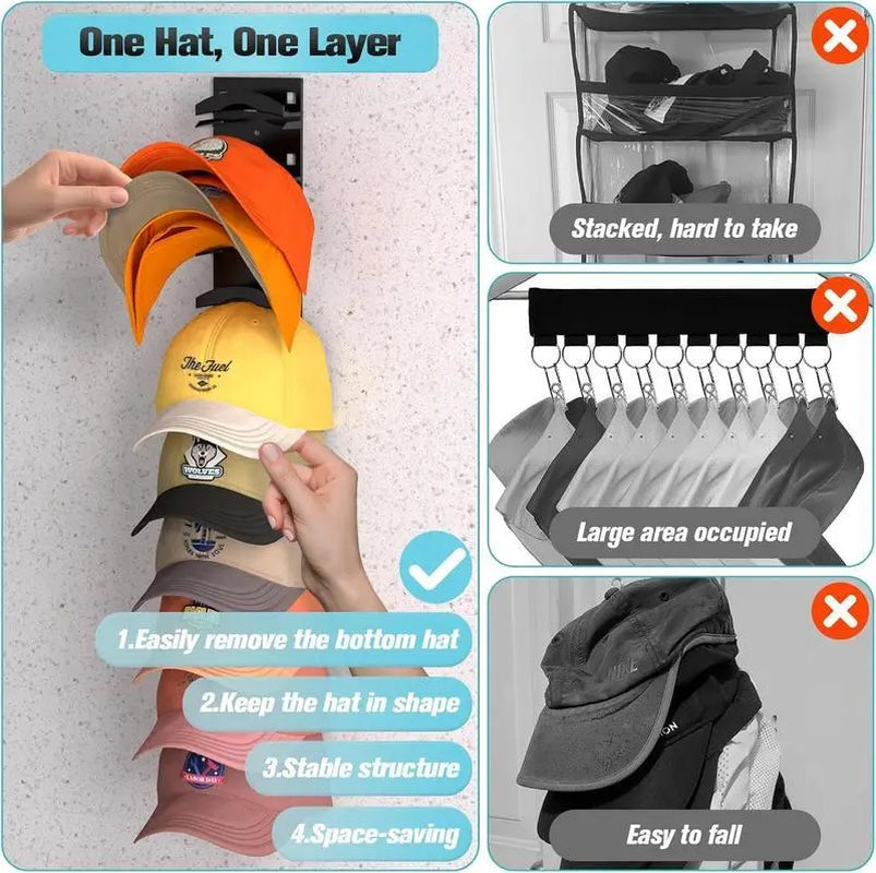 Hat Organizer for Baseball Caps 2Pack, Hat Rack for Wall with Strong Adhesive Hold up to 20 Hats, Hat Hanger Holder Display for Door Closet, Cap Organizer Storage Multilayer Two Mounting Option(Black) Wall-Mounted Multilayer Adjustable Hat Hooks