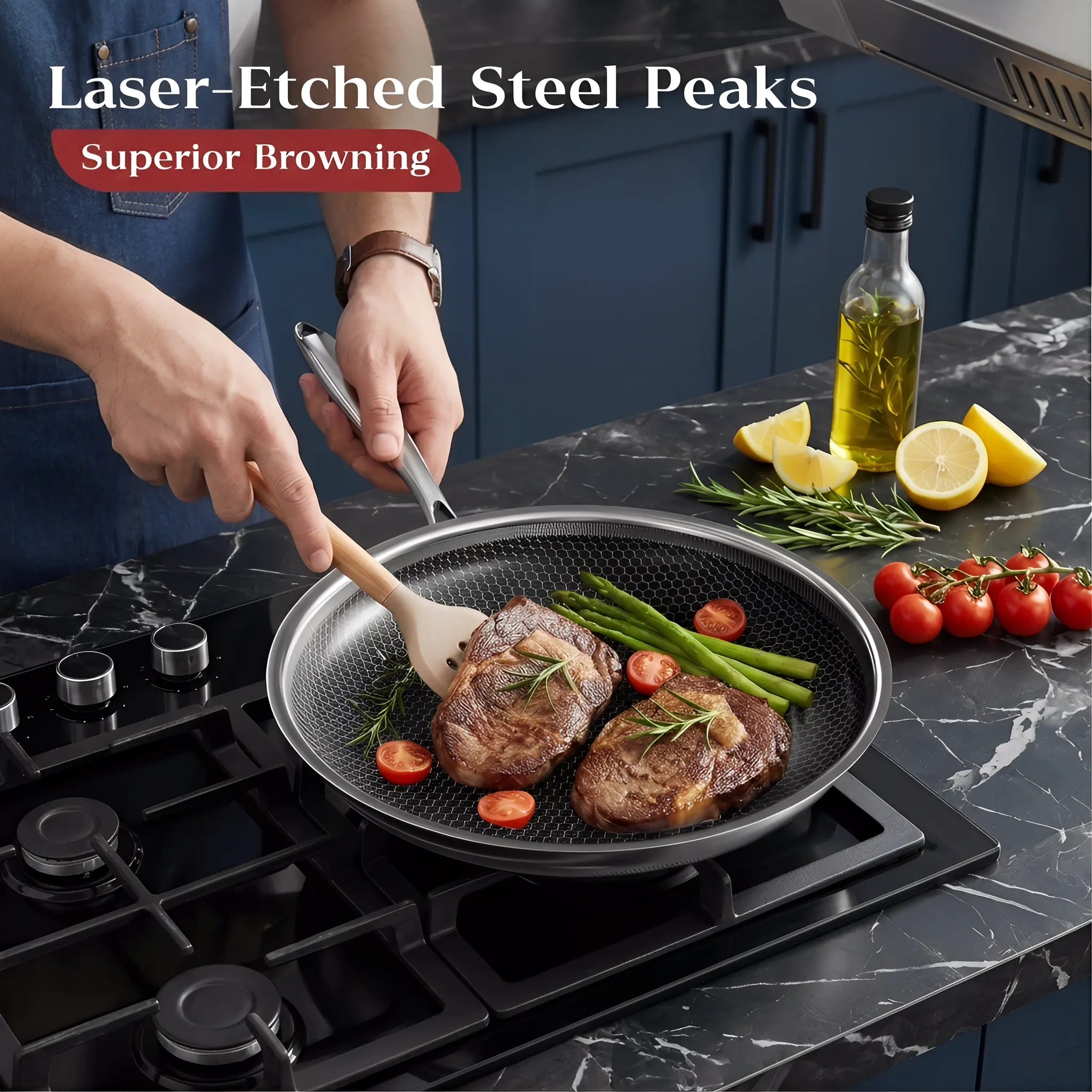 XBM Professional 3-Piece Hybrid Nonstick Cookware Set, Mother'S Day Gift,Rivetless Ceramic Honeycomb Skillets (8", 10", 12"), 100% PTFE/PFOA Free, Tri-Ply Stainless Steel, Induction & Oven Safe Lid Pans Wok