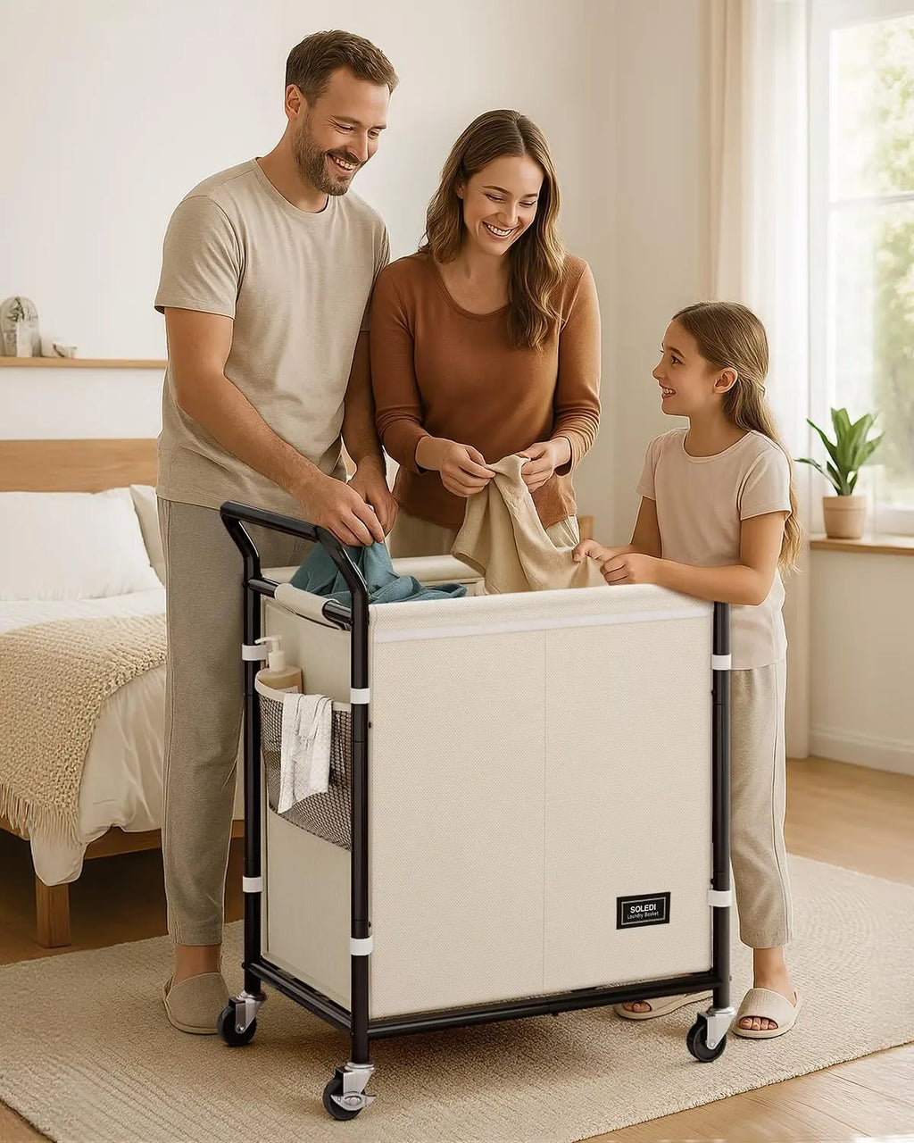 SOLEDI 38-Gallon (145L) Two-Section Laundry Basket with Wheels, Sturdy Metal Frame and Handle, Rolling Laundry Cart for Bedroom Aesthetics, Easy Assembly, Ivory