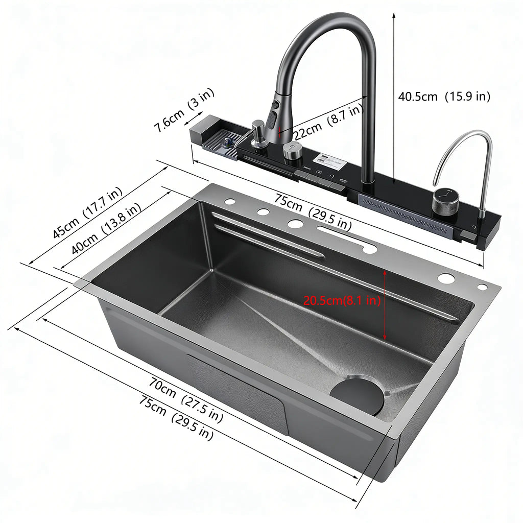 30 Inch Smart Kitchen Sink with Digital Display, Water Powered Piano Key Control, 3 Water Modes Pull Out Faucet, Honeycomb Coating, Workstation Sink with Cup Washer Compatible with US Garbage Disposal