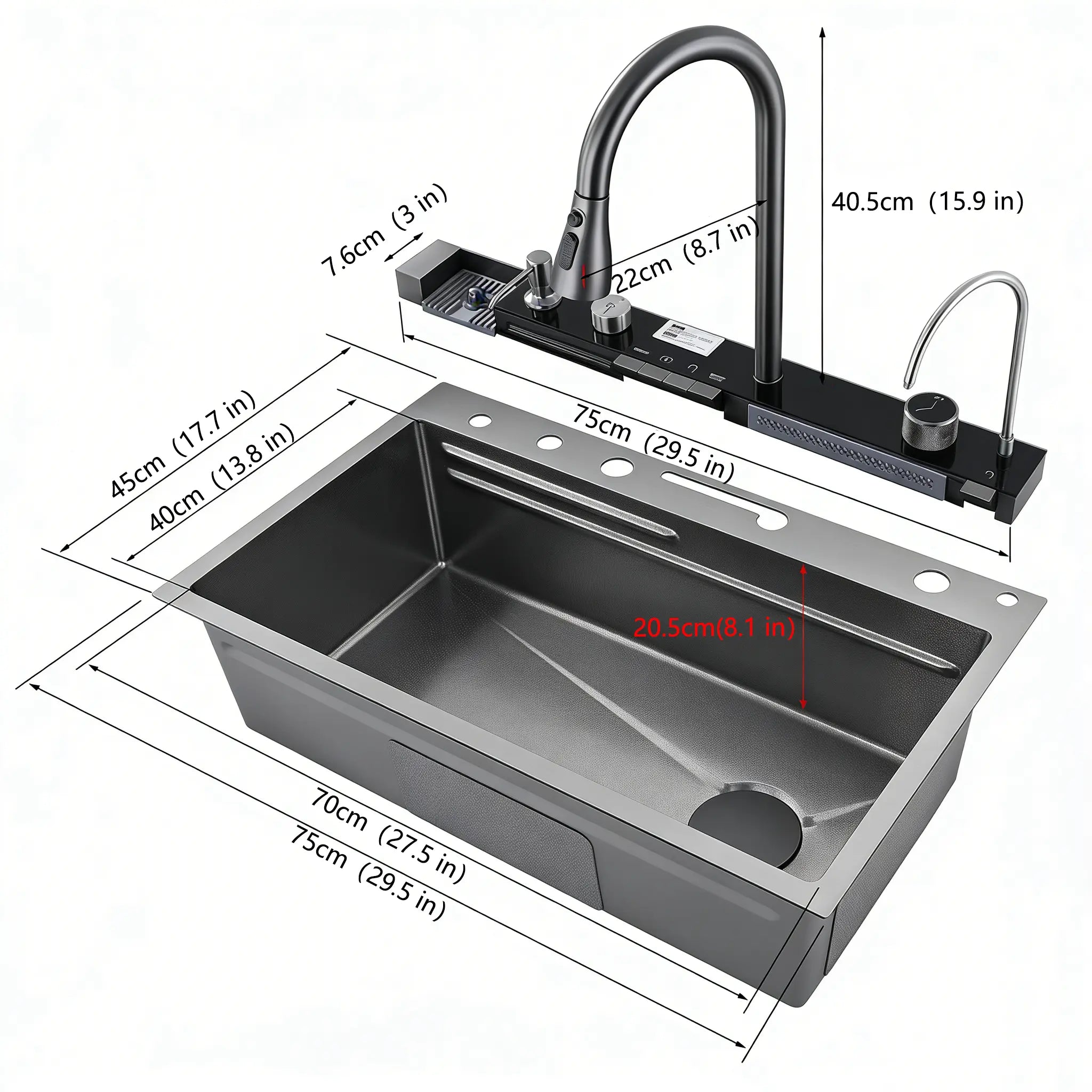 30 Inch Smart Kitchen Sink with Digital Display, Water Powered Piano Key Control, 3 Water Modes Pull Out Faucet, Honeycomb Coating, Workstation Sink with Cup Washer Compatible with US Garbage Disposal