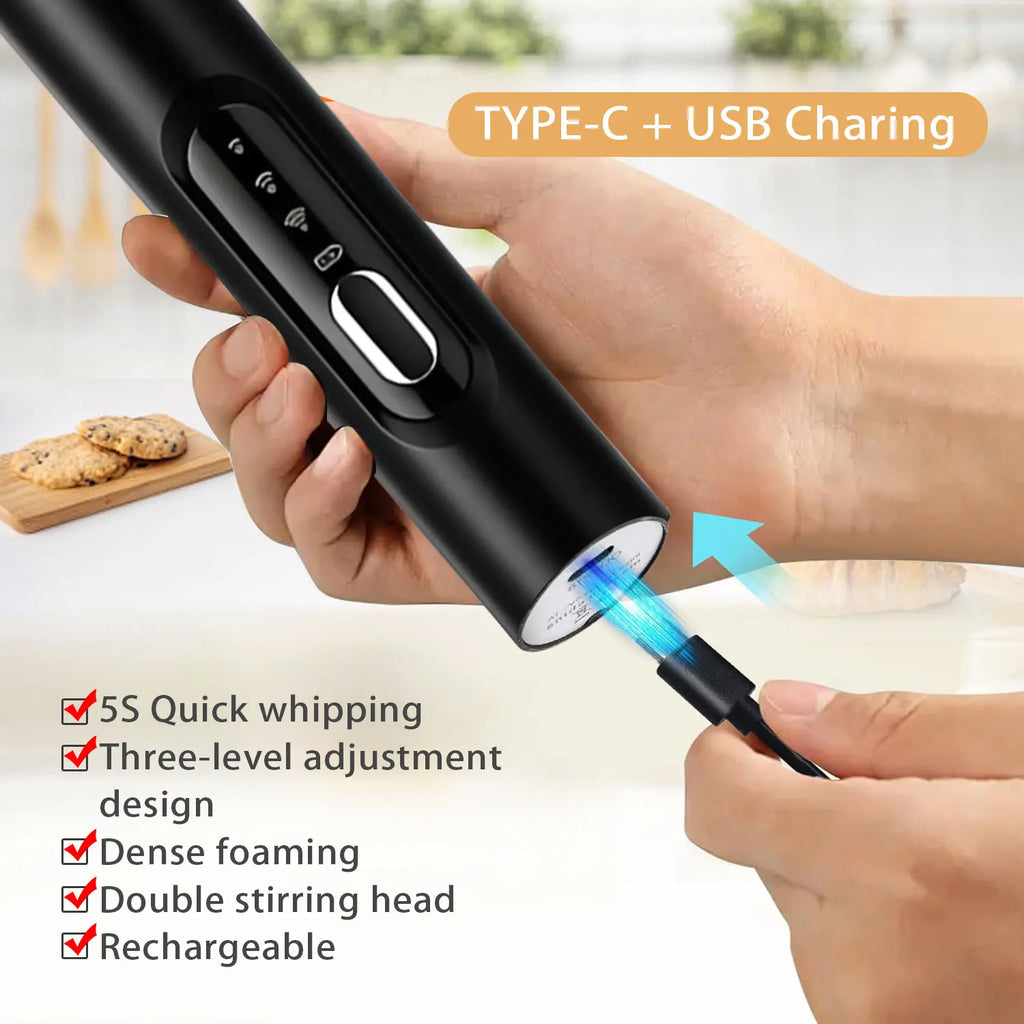Upgraded Rechargeable Handheld Milk Frother with 3 Whisk Heads and 3 Speed Settings - Electric Coffee Mixer and Drink Foamer for Cappuccino, Latte, Cream, Hot Chocolate, and Egg Beating - Portable Stainless Steel Kitchen Tool