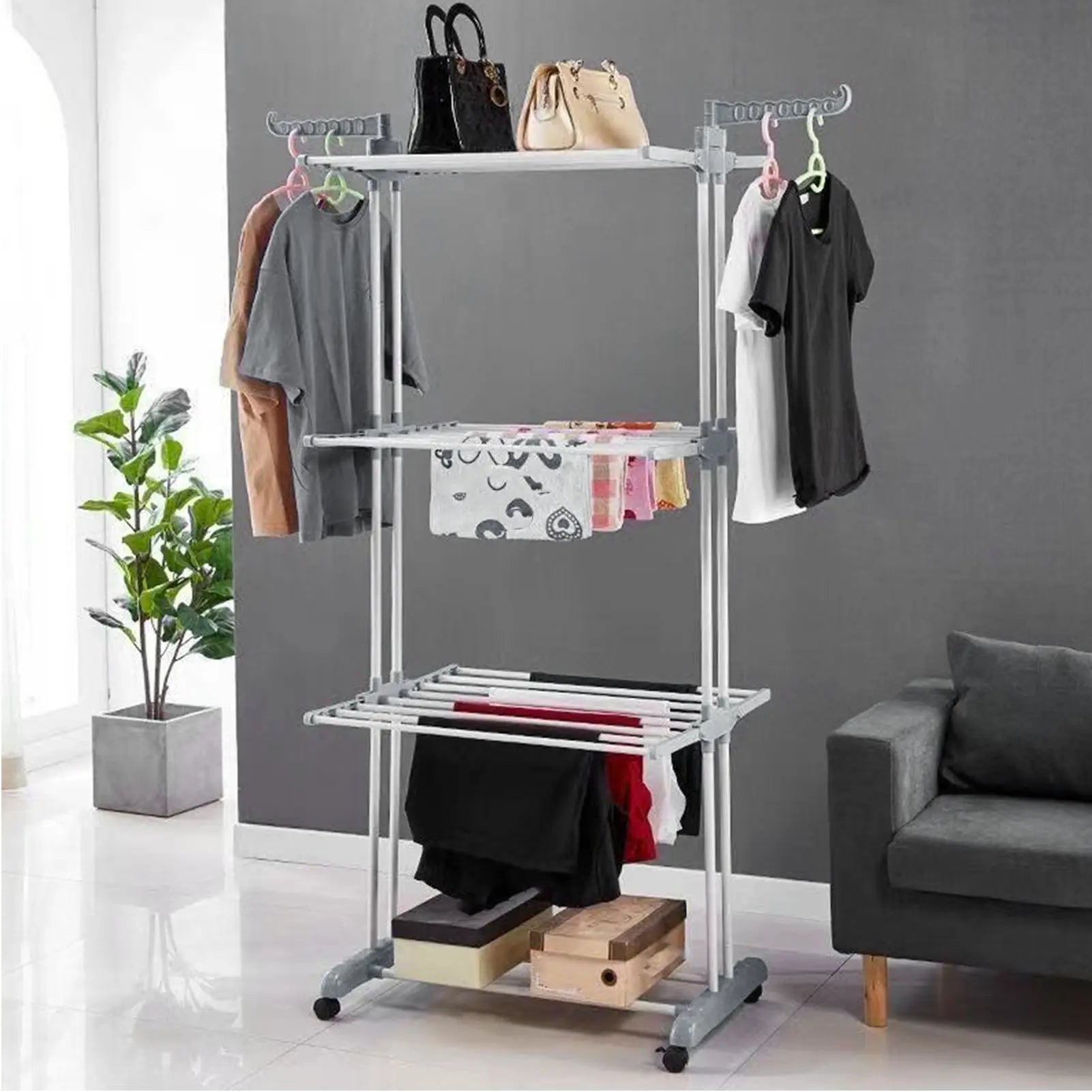 Oversized 4 Tier Clothes Drying Rack 66.93In High Foldable Stainless Steel Laundry Drying Rack with 4 Castors 24 Pillars 14 Hooks for Bed Linen Rolling Organizer