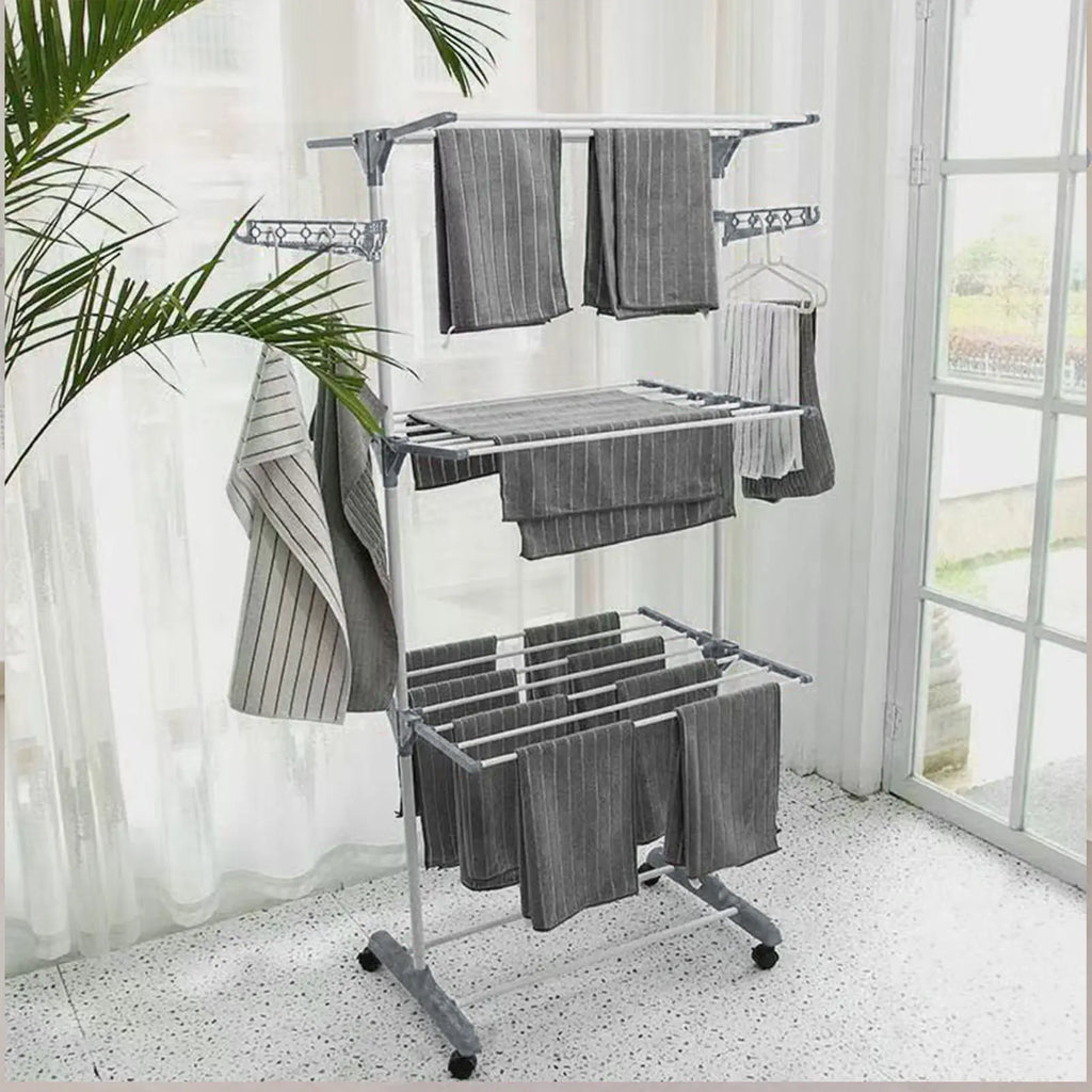 Oversized 4 Tier Clothes Drying Rack 66.93In High Foldable Stainless Steel Laundry Drying Rack with 4 Castors 24 Pillars 14 Hooks for Bed Linen Rolling Organizer