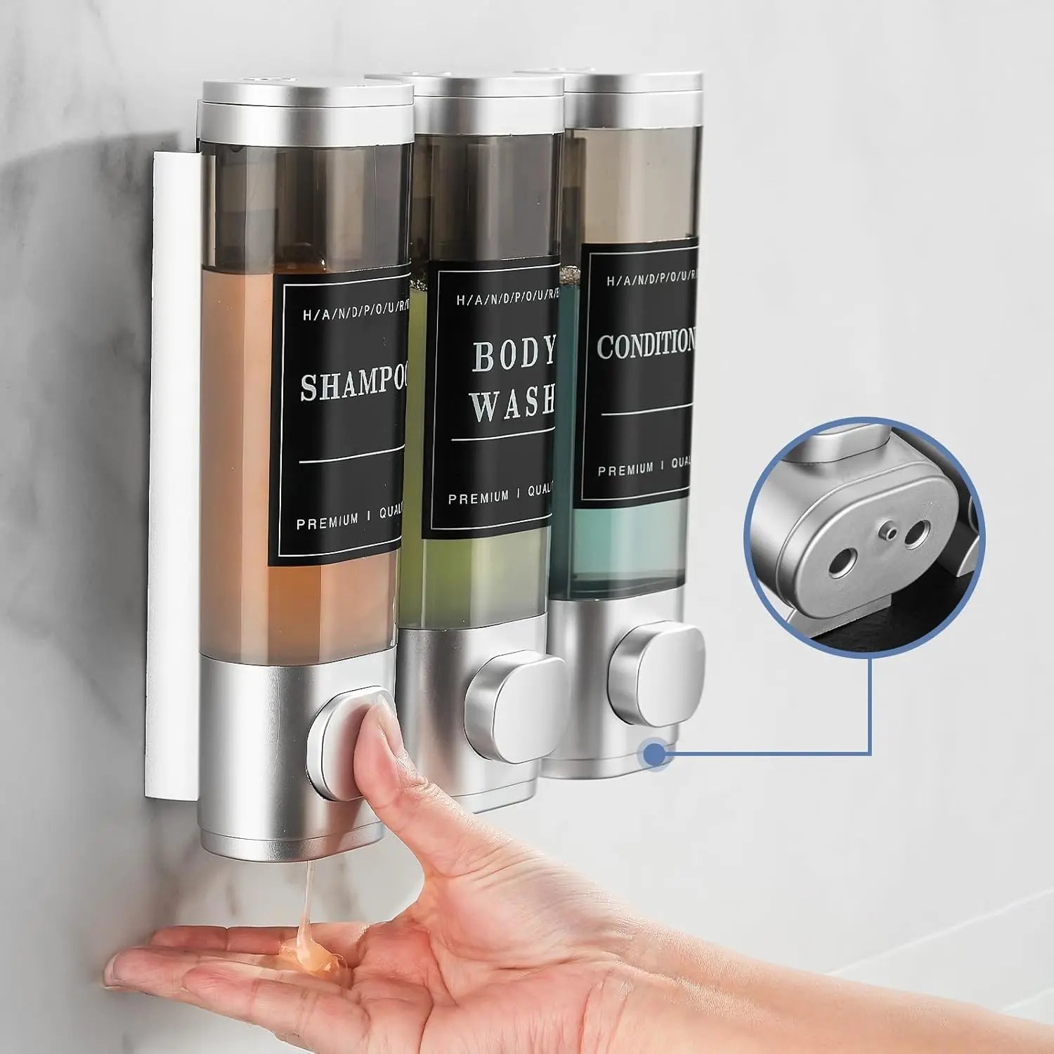Zoronk Shower Soap Dispenser Wall Mounted No Drill Shampoo Dispenser for Shower Wall Shampoo and Conditioner Dispenser Bathroom Hotel 3 * 300Ml Sliver with Labels