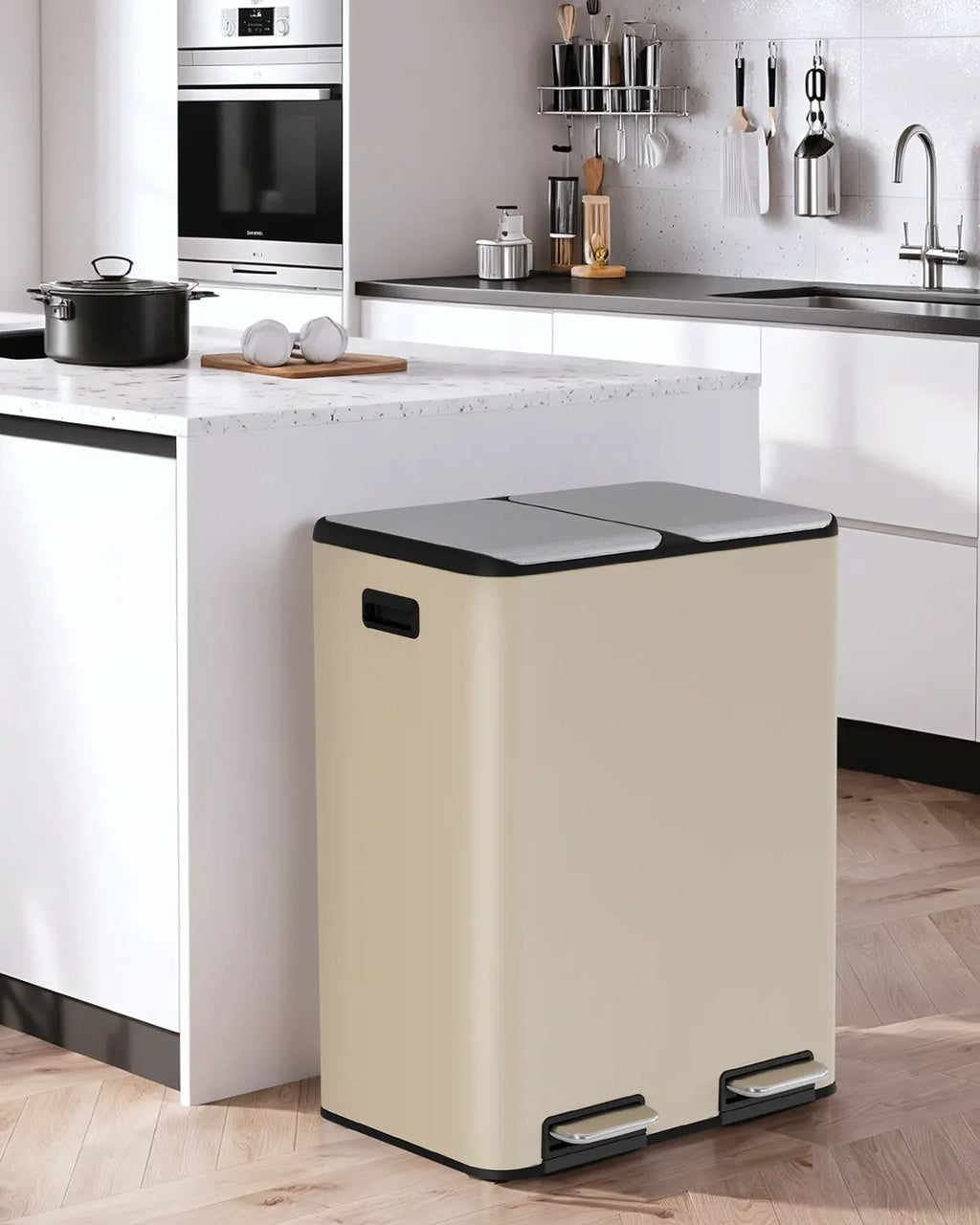 Arlopu 16 Gallon (60L) Stainless Steel Trash Can, 2X8 Gallon (2X30 L) Double Garbage Can with Soft-Close Lid, Removable Inner Buckets, Foot Pedal, Side Handle for Kitchen Home Office Summervibes