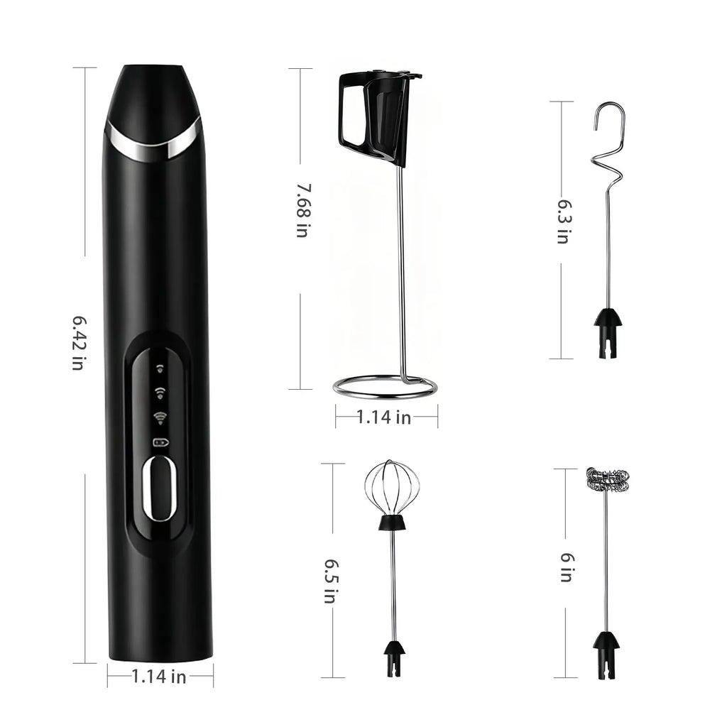 Upgraded Rechargeable Handheld Milk Frother with 3 Whisk Heads and 3 Speed Settings - Electric Coffee Mixer and Drink Foamer for Cappuccino, Latte, Cream, Hot Chocolate, and Egg Beating - Portable Stainless Steel Kitchen Tool