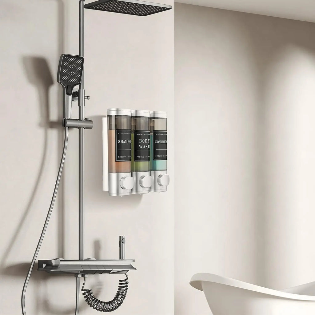 Zoronk Shower Soap Dispenser Wall Mounted No Drill Shampoo Dispenser for Shower Wall Shampoo and Conditioner Dispenser Bathroom Hotel 3 * 300Ml Sliver with Labels