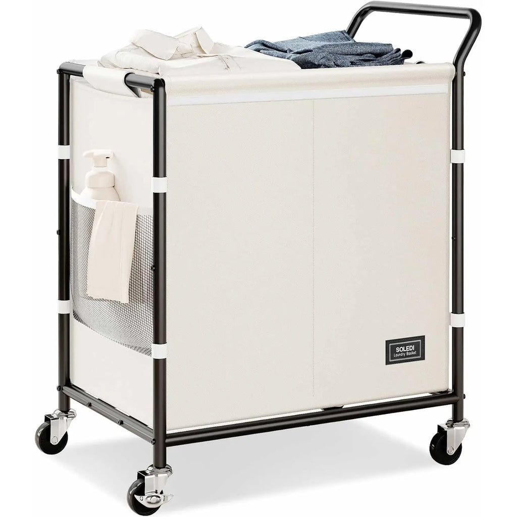 SOLEDI 38-Gallon (145L) Two-Section Laundry Basket with Wheels, Sturdy Metal Frame and Handle, Rolling Laundry Cart for Bedroom Aesthetics, Easy Assembly, Ivory