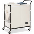 SOLEDI 38-Gallon (145L) Two-Section Laundry Basket with Wheels, Sturdy Metal Frame and Handle, Rolling Laundry Cart for Bedroom Aesthetics, Easy Assembly, Ivory