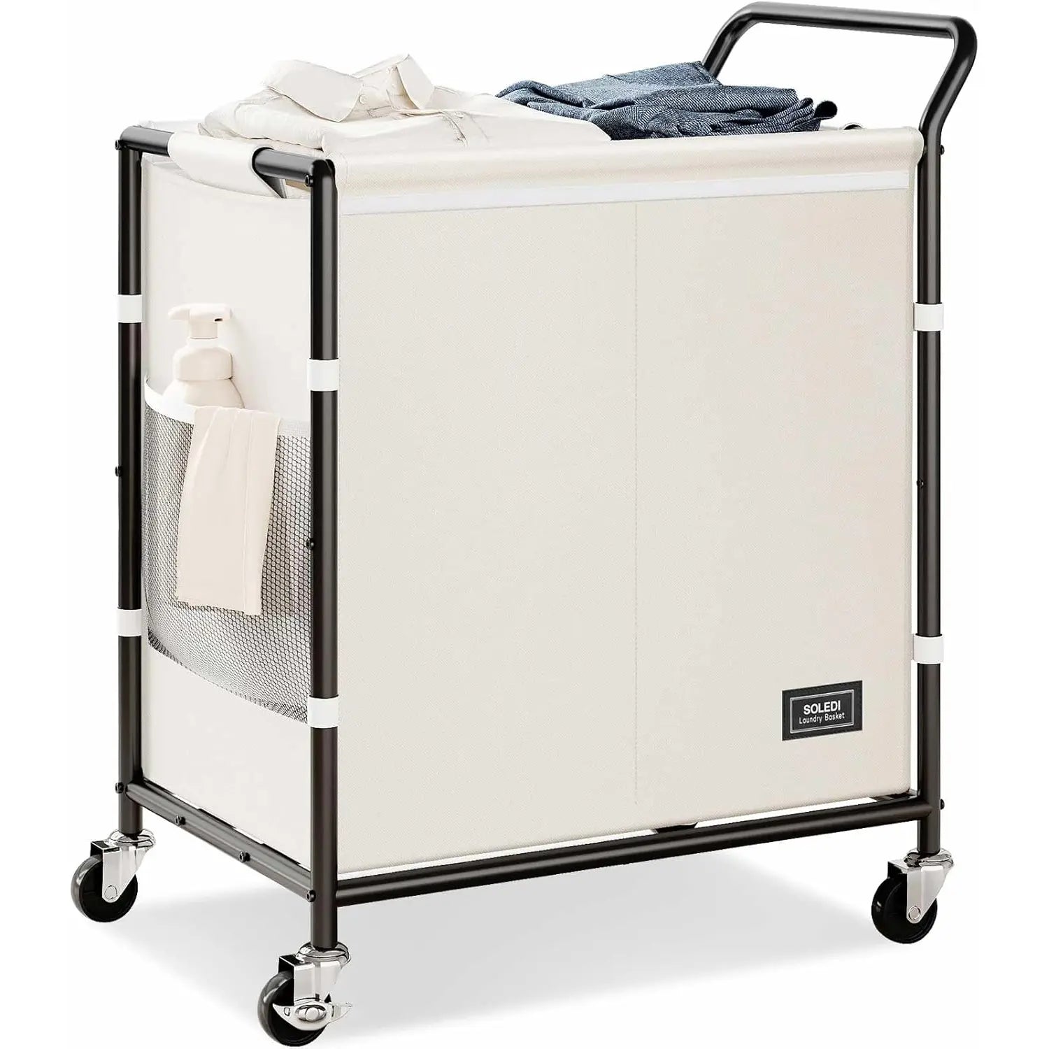 SOLEDI 38-Gallon (145L) Two-Section Laundry Basket with Wheels, Sturdy Metal Frame and Handle, Rolling Laundry Cart for Bedroom Aesthetics, Easy Assembly, Ivory