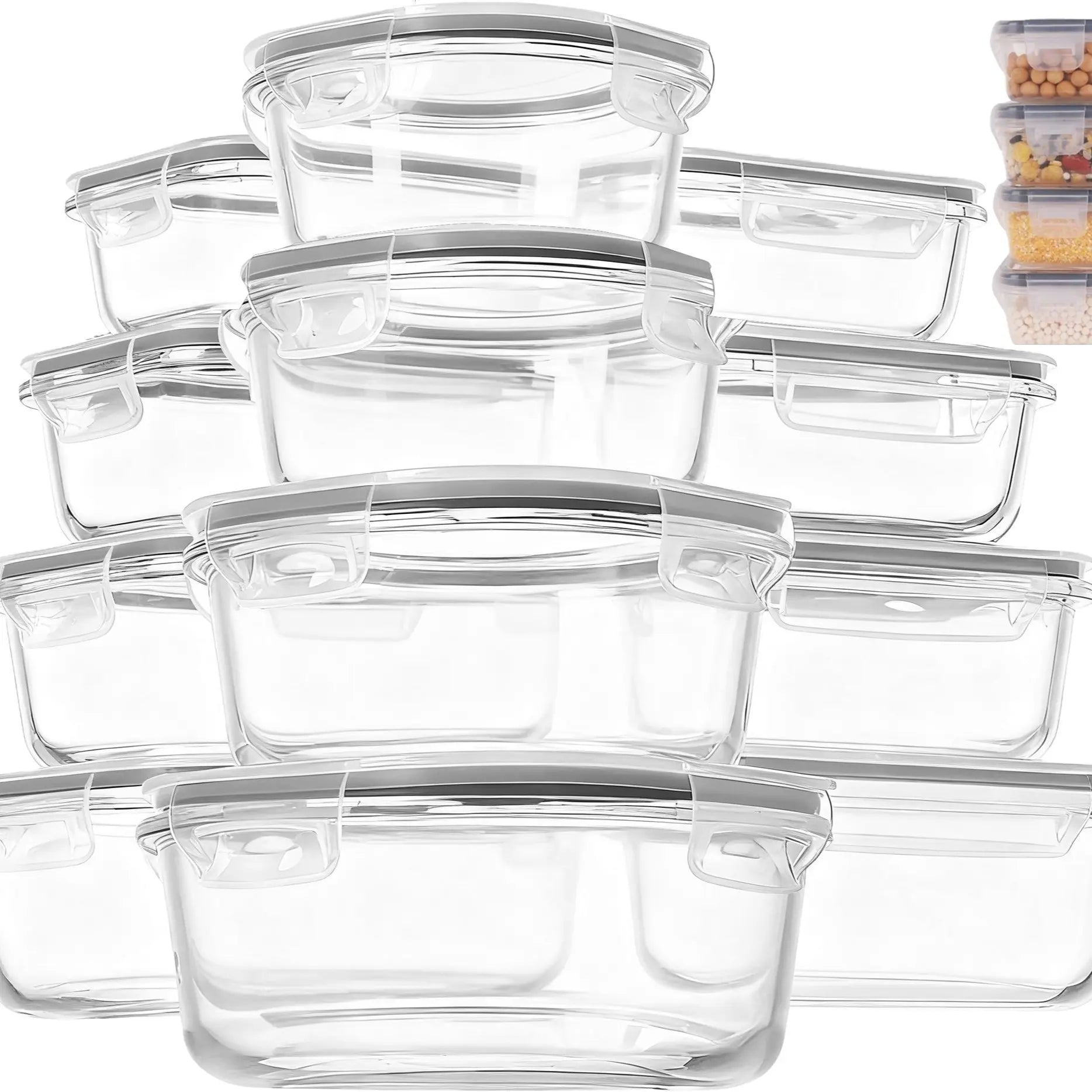 12Pack Airtight Glass Food Storage Containers with Lids,Microwave, and Dishwasher Kitchen Organizer, Bpa-Free , Black/Gray Set Utensils