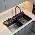 30 Inch Smart Kitchen Sink with Digital Display, Water Powered Piano Key Control, 3 Water Modes Pull Out Faucet, Honeycomb Coating, Workstation Sink with Cup Washer Compatible with US Garbage Disposal