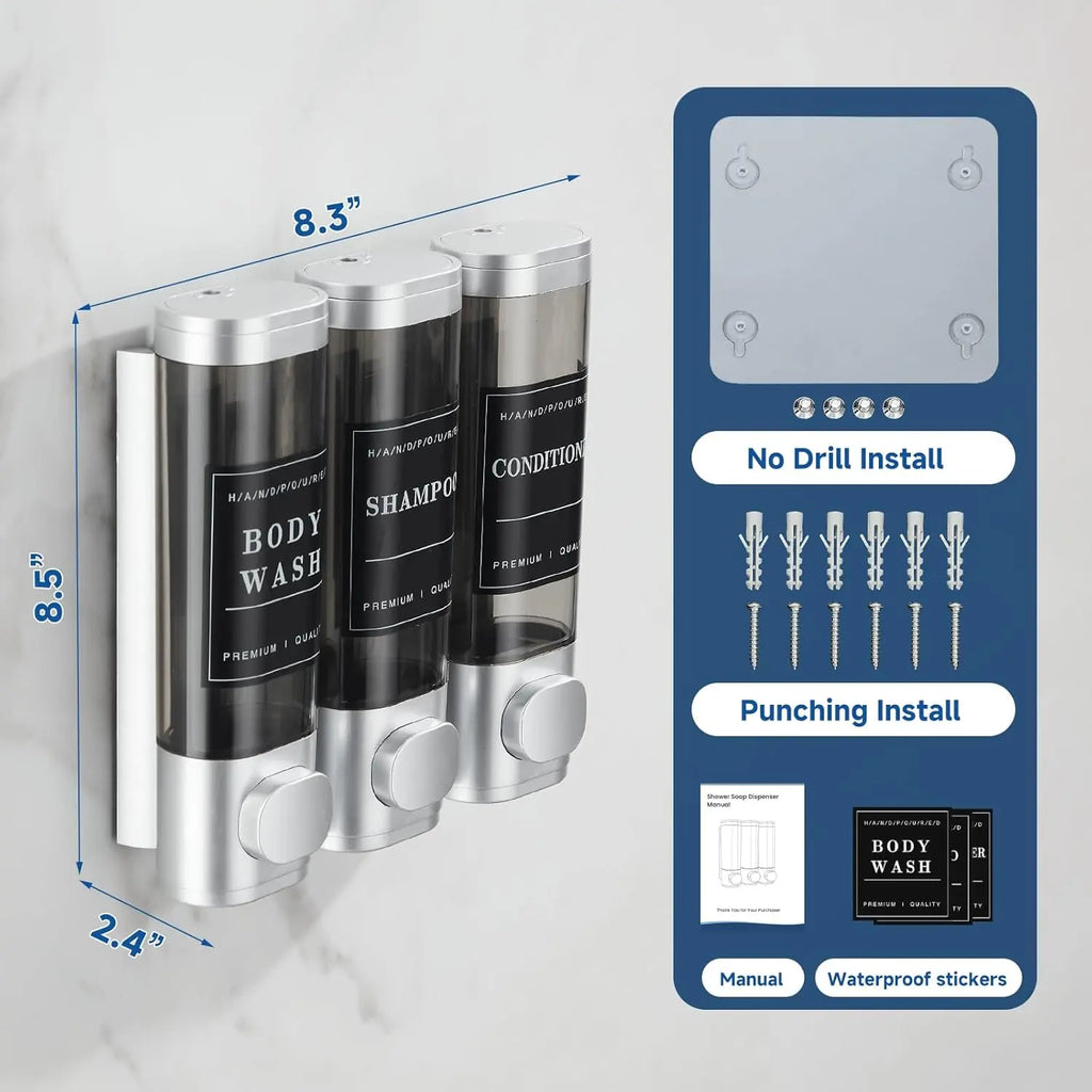 Zoronk Shower Soap Dispenser Wall Mounted No Drill Shampoo Dispenser for Shower Wall Shampoo and Conditioner Dispenser Bathroom Hotel 3 * 300Ml Sliver with Labels