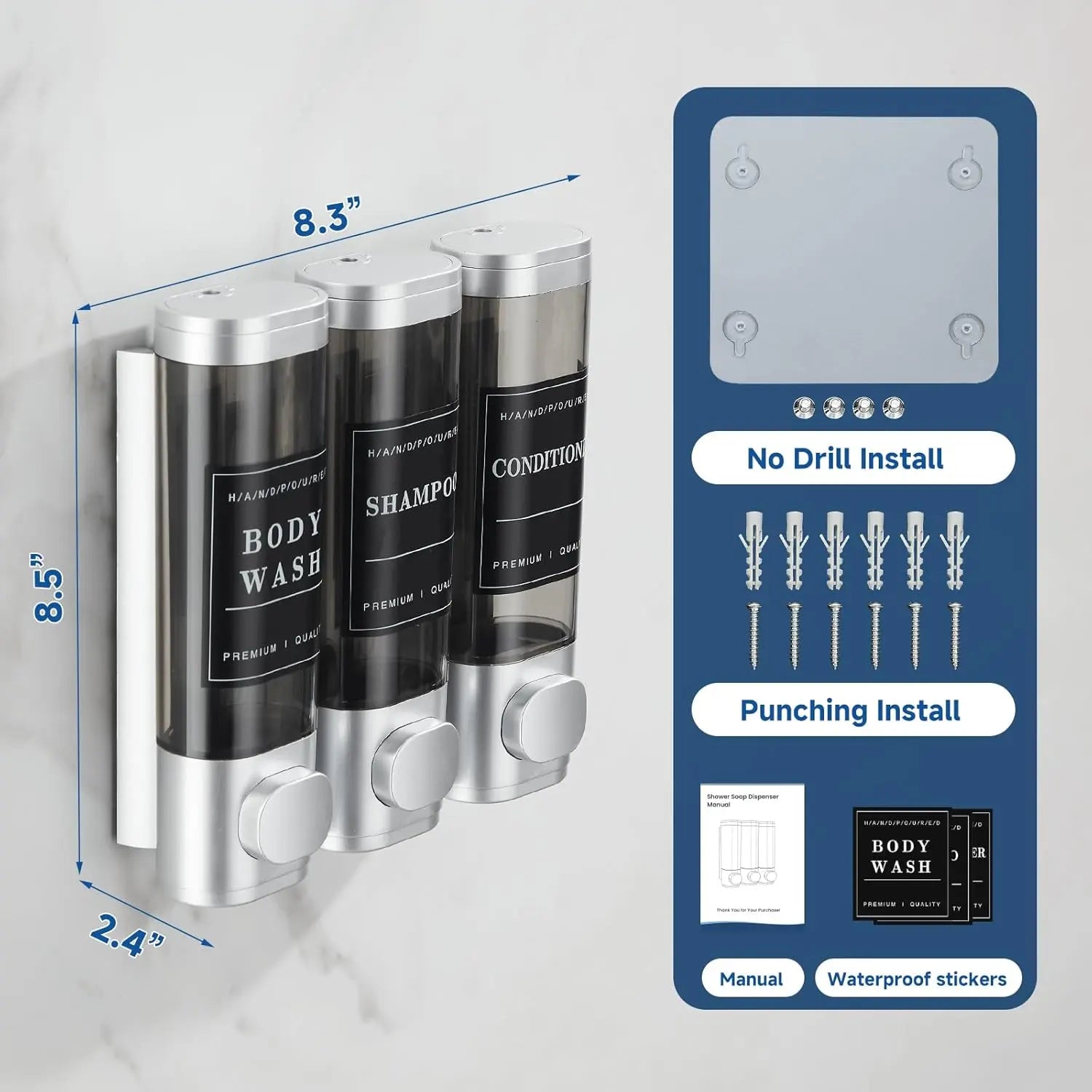 Zoronk Shower Soap Dispenser Wall Mounted No Drill Shampoo Dispenser for Shower Wall Shampoo and Conditioner Dispenser Bathroom Hotel 3 * 300Ml Sliver with Labels