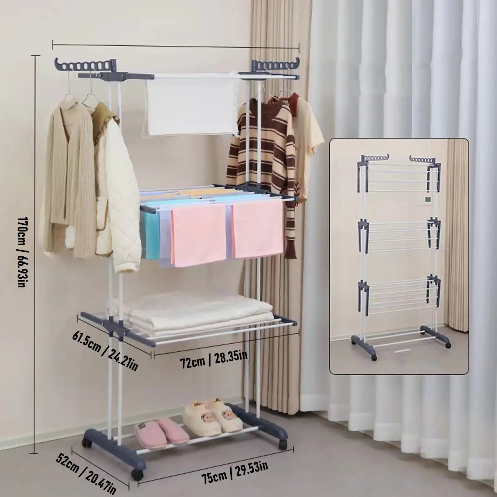 Oversized 4 Tier Clothes Drying Rack 66.93In High Foldable Stainless Steel Laundry Drying Rack with 4 Castors 24 Pillars 14 Hooks for Bed Linen Rolling Organizer