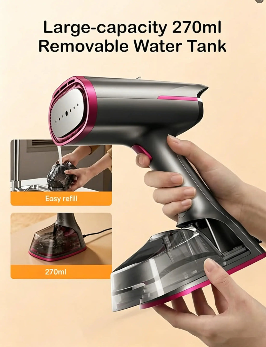 Dr.Flash Vacuum Garment Steamer, 270Ml Big Capacity, 1400W Handheld Clothes Steamer, Suction Steamer ＆ Iron 2 in 1, Portable Travel Iron for Clothes, Fabrics, Large Ceramic Heat Panel