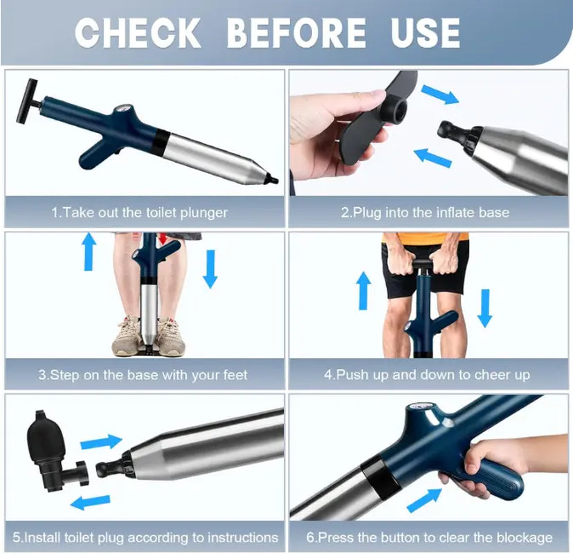 High Pressure Toilet Plunge, Toilet Plunger Drain Clog Remover, Multi-Drain Unclogger for Toilets, Bathroom, Sink, Kitchen Clogs, Stainless Steel Design with Real-Time Pressure Gauge