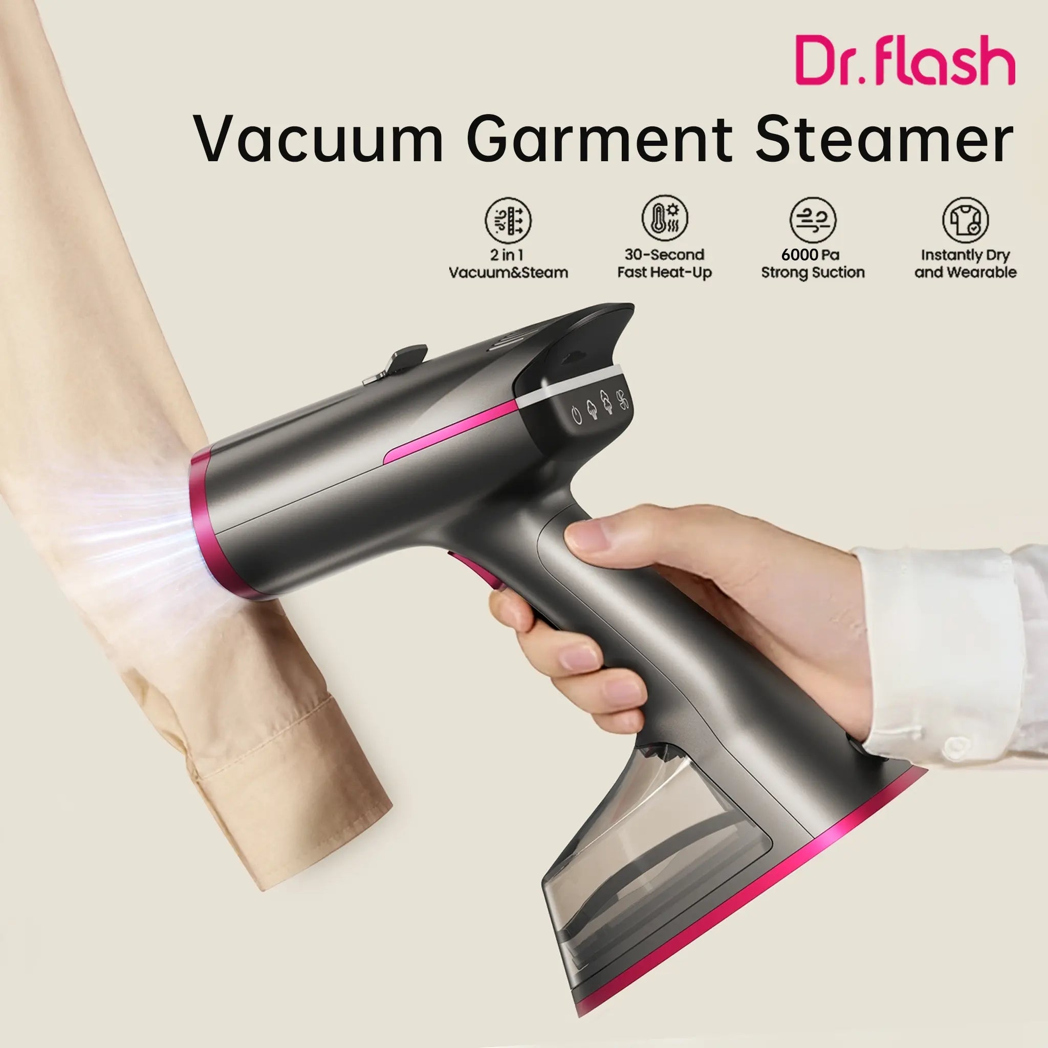 Dr.Flash Vacuum Garment Steamer, 270Ml Big Capacity, 1400W Handheld Clothes Steamer, Suction Steamer ＆ Iron 2 in 1, Portable Travel Iron for Clothes, Fabrics, Large Ceramic Heat Panel