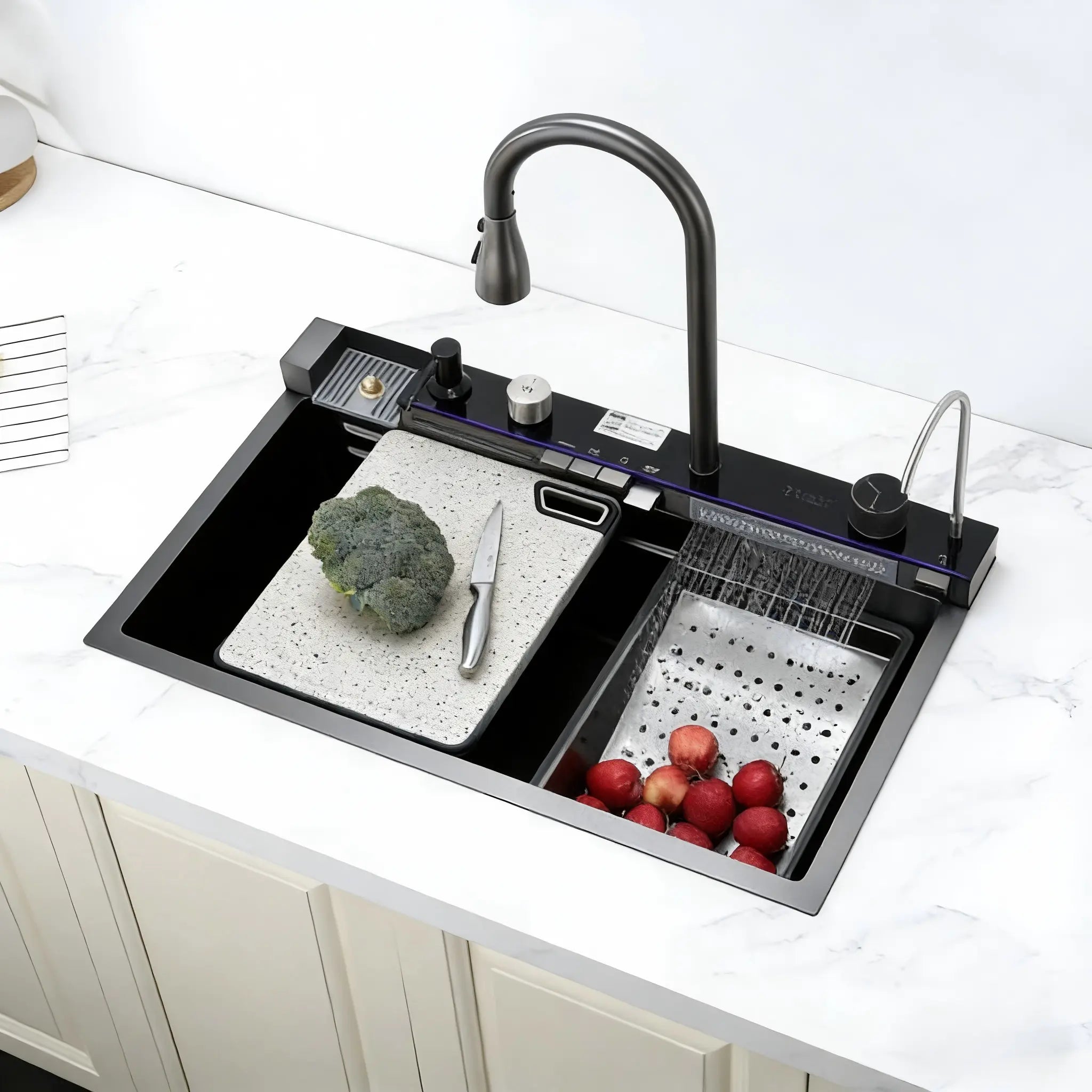30 Inch Smart Kitchen Sink with Digital Display, Water Powered Piano Key Control, 3 Water Modes Pull Out Faucet, Honeycomb Coating, Workstation Sink with Cup Washer Compatible with US Garbage Disposal