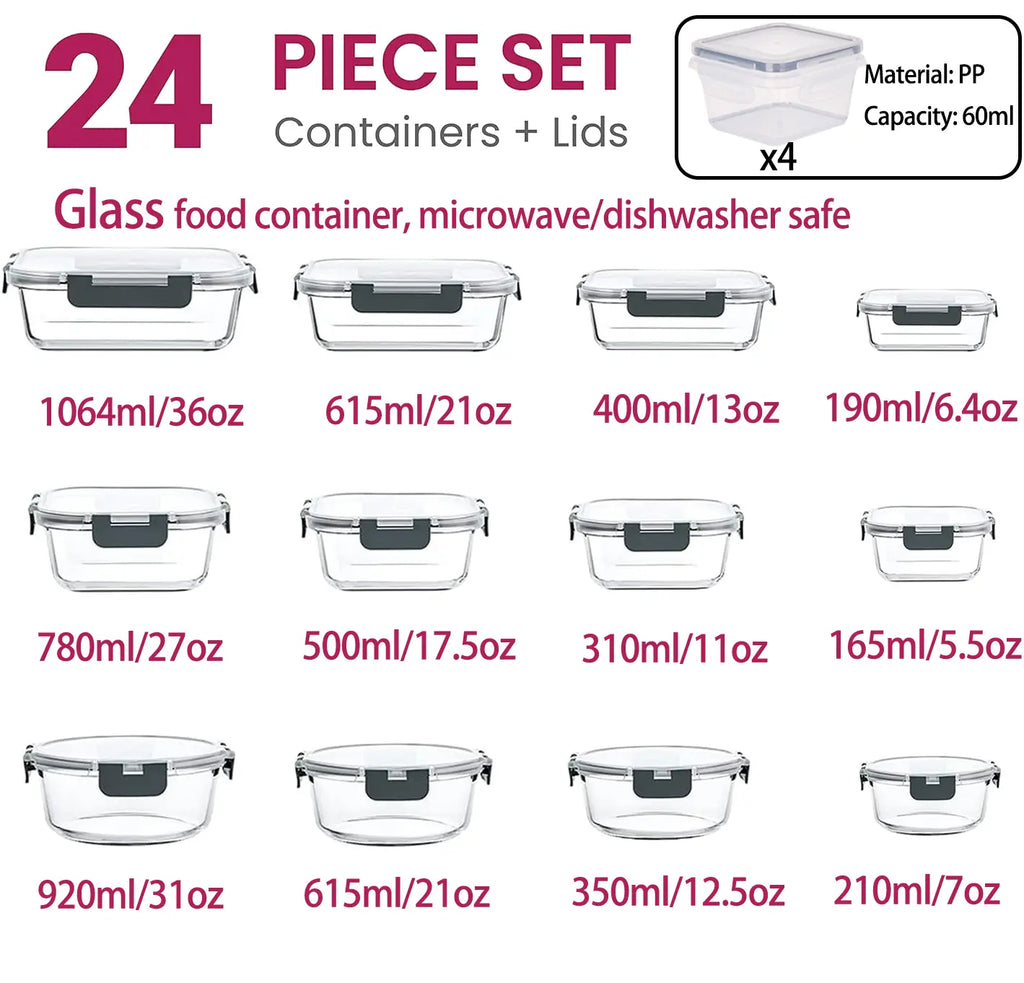 12Pack Airtight Glass Food Storage Containers with Lids,Microwave, and Dishwasher Kitchen Organizer, Bpa-Free , Black/Gray Set Utensils