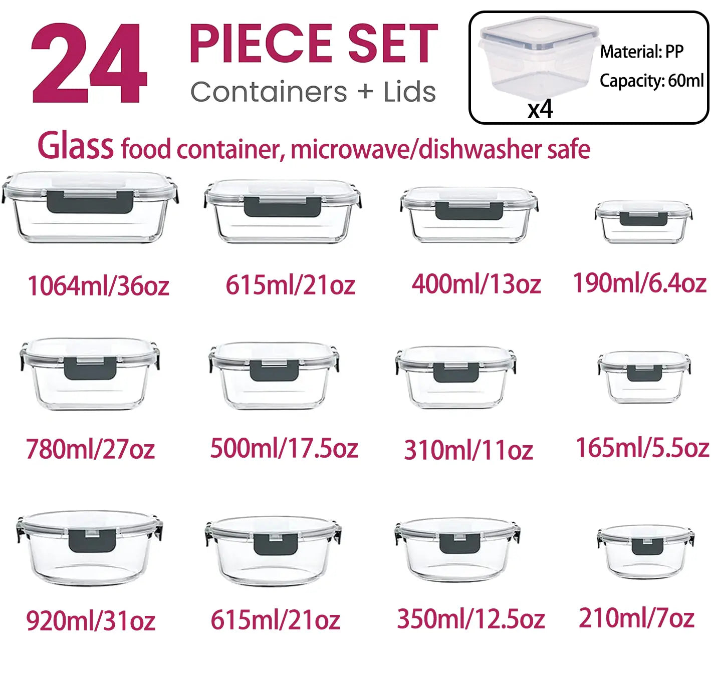 12Pack Airtight Glass Food Storage Containers with Lids,Microwave, and Dishwasher Kitchen Organizer, Bpa-Free , Black/Gray Set Utensils