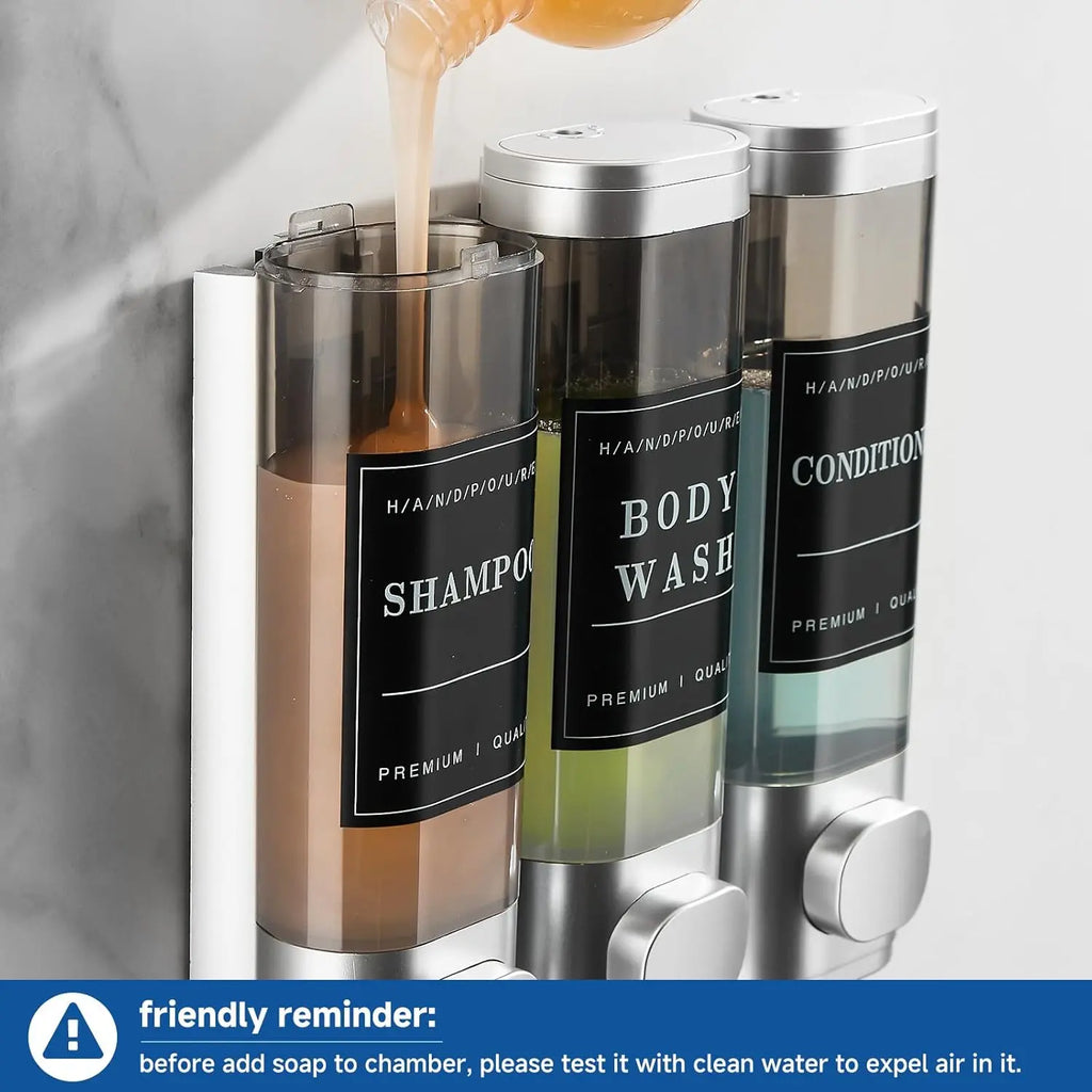Zoronk Shower Soap Dispenser Wall Mounted No Drill Shampoo Dispenser for Shower Wall Shampoo and Conditioner Dispenser Bathroom Hotel 3 * 300Ml Sliver with Labels