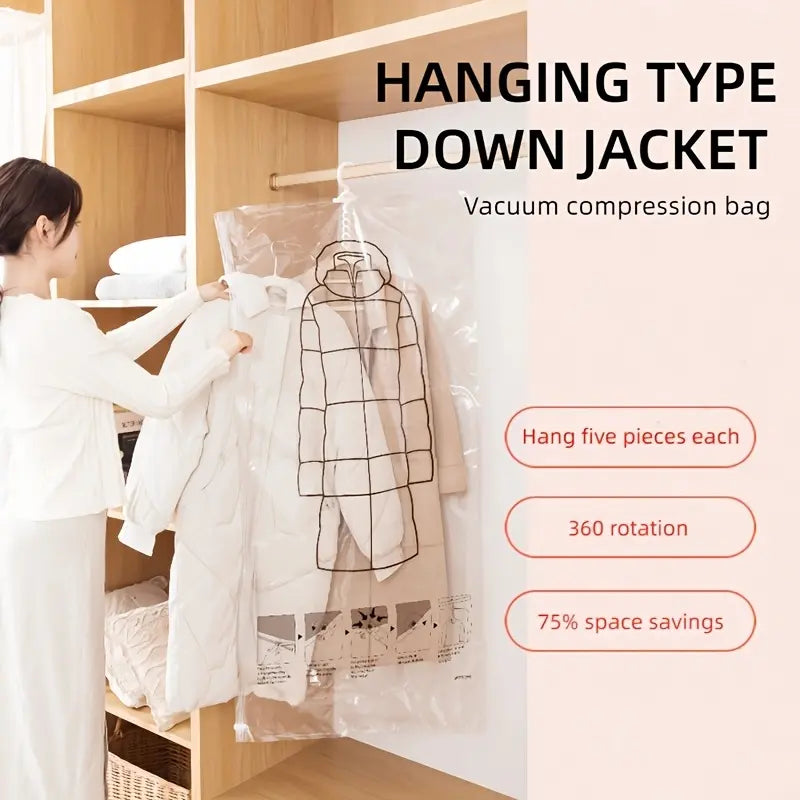 5 Hooks Extra Large Hanging Vacuum Compression Storage Bag | Thickened Organizer, Elongated Design, No Power Required, Clothing Protection and Space Saver, Dustproof Cover
