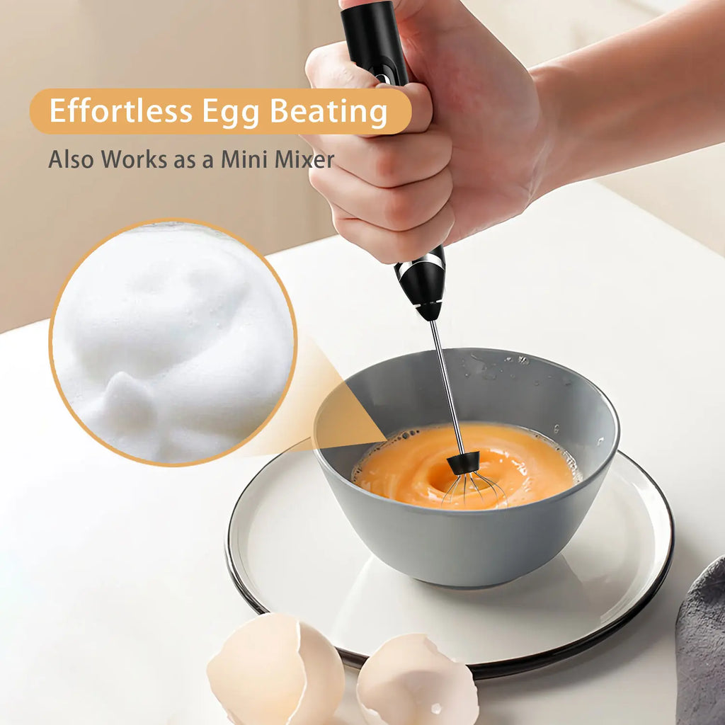 Upgraded Rechargeable Handheld Milk Frother with 3 Whisk Heads and 3 Speed Settings - Electric Coffee Mixer and Drink Foamer for Cappuccino, Latte, Cream, Hot Chocolate, and Egg Beating - Portable Stainless Steel Kitchen Tool