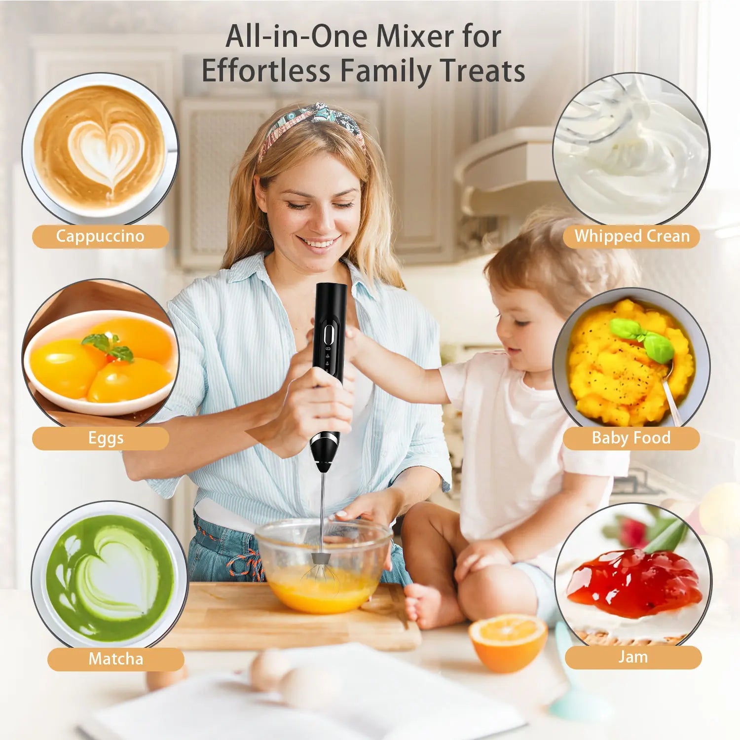 Upgraded Rechargeable Handheld Milk Frother with 3 Whisk Heads and 3 Speed Settings - Electric Coffee Mixer and Drink Foamer for Cappuccino, Latte, Cream, Hot Chocolate, and Egg Beating - Portable Stainless Steel Kitchen Tool