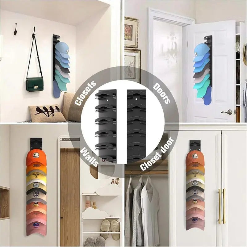 Hat Organizer for Baseball Caps 2Pack, Hat Rack for Wall with Strong Adhesive Hold up to 20 Hats, Hat Hanger Holder Display for Door Closet, Cap Organizer Storage Multilayer Two Mounting Option(Black) Wall-Mounted Multilayer Adjustable Hat Hooks