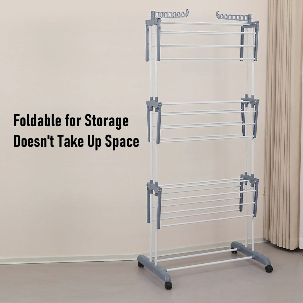 Oversized 4 Tier Clothes Drying Rack 66.93In High Foldable Stainless Steel Laundry Drying Rack with 4 Castors 24 Pillars 14 Hooks for Bed Linen Rolling Organizer