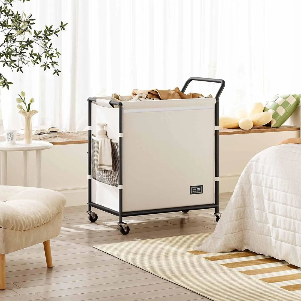 SOLEDI 38-Gallon (145L) Two-Section Laundry Basket with Wheels, Sturdy Metal Frame and Handle, Rolling Laundry Cart for Bedroom Aesthetics, Easy Assembly, Ivory