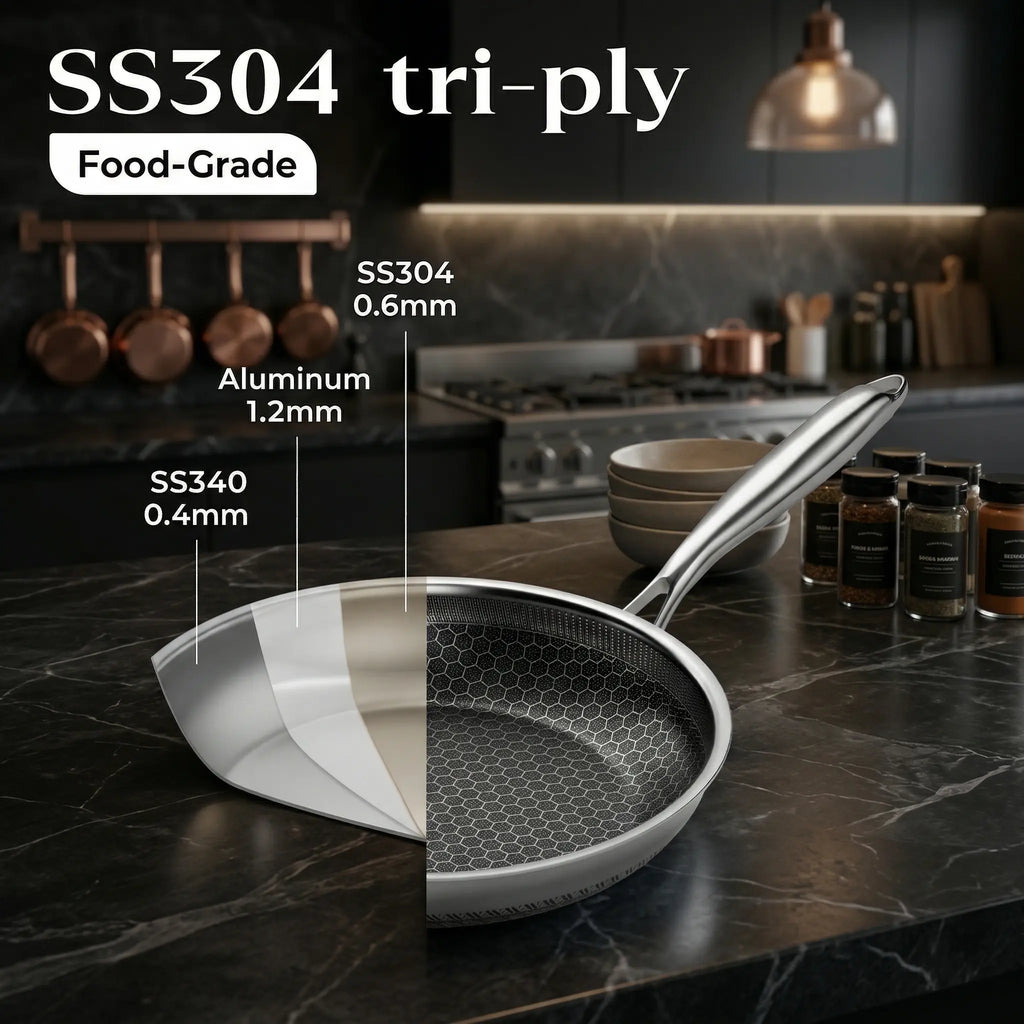 XBM Professional 3-Piece Hybrid Nonstick Cookware Set, Mother'S Day Gift,Rivetless Ceramic Honeycomb Skillets (8", 10", 12"), 100% PTFE/PFOA Free, Tri-Ply Stainless Steel, Induction & Oven Safe Lid Pans Wok