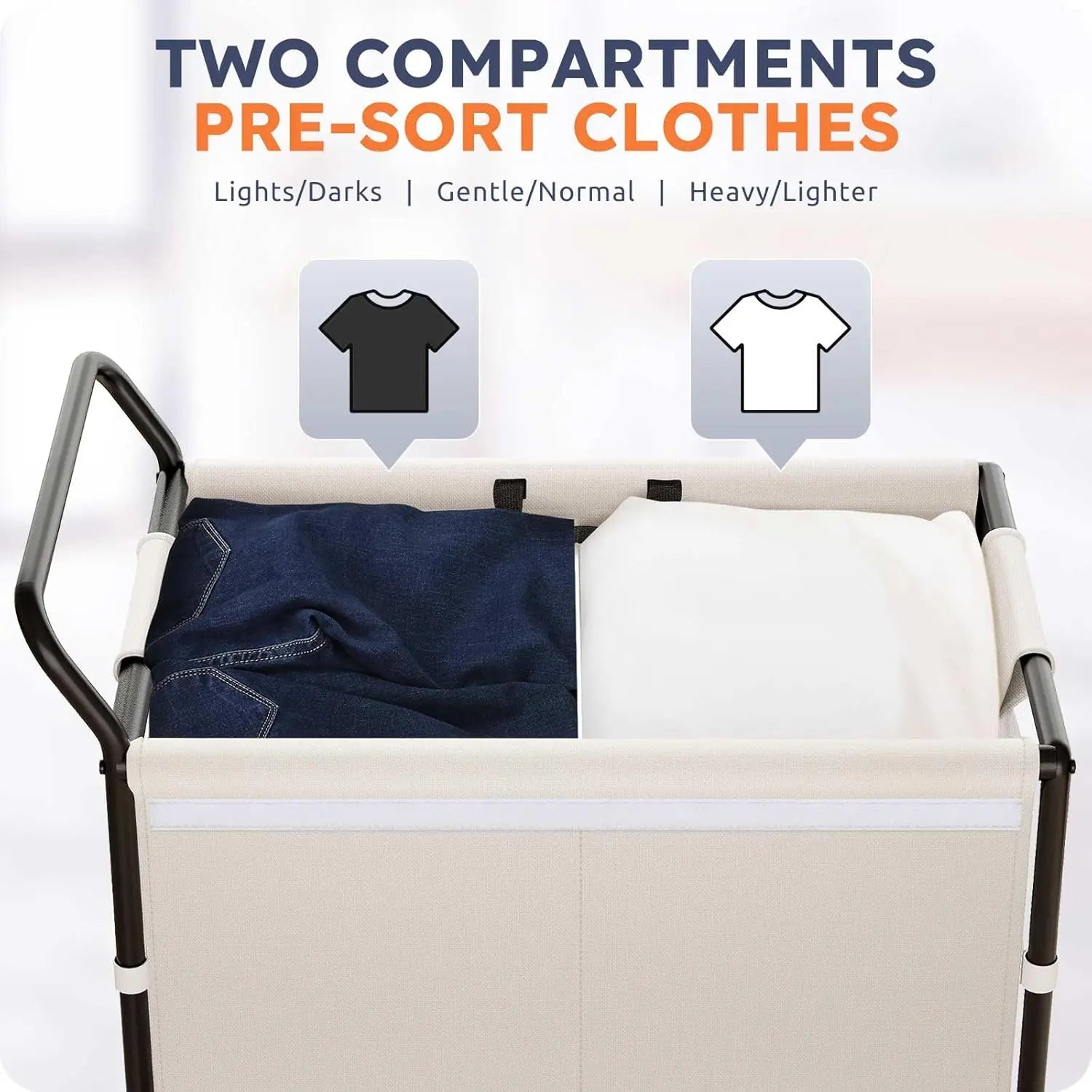 SOLEDI 38-Gallon (145L) Two-Section Laundry Basket with Wheels, Sturdy Metal Frame and Handle, Rolling Laundry Cart for Bedroom Aesthetics, Easy Assembly, Ivory