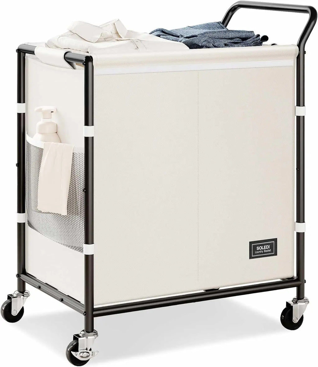 SOLEDI 38-Gallon (145L) Two-Section Laundry Basket with Wheels, Sturdy Metal Frame and Handle, Rolling Laundry Cart for Bedroom Aesthetics, Easy Assembly, Ivory