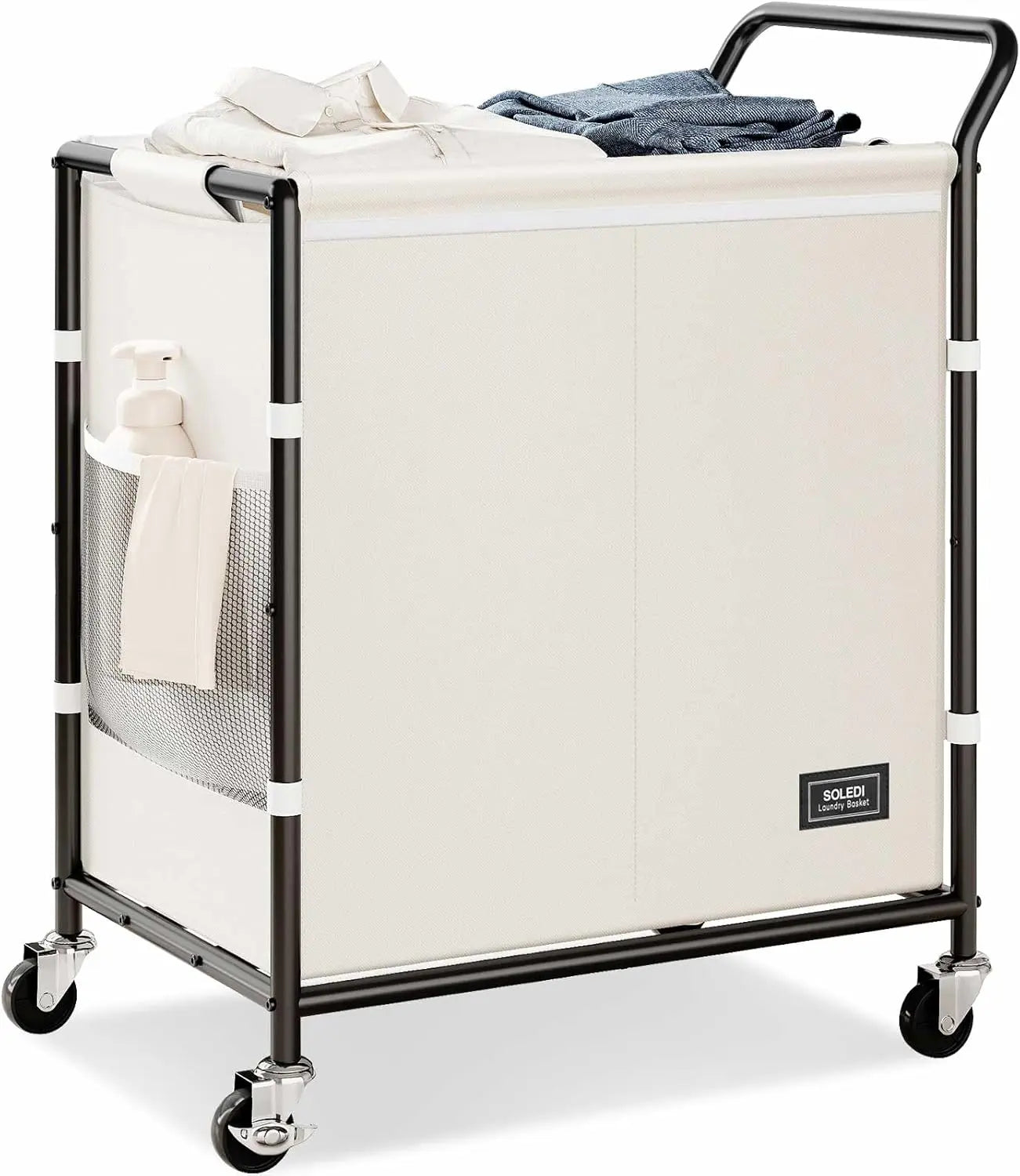 SOLEDI 38-Gallon (145L) Two-Section Laundry Basket with Wheels, Sturdy Metal Frame and Handle, Rolling Laundry Cart for Bedroom Aesthetics, Easy Assembly, Ivory