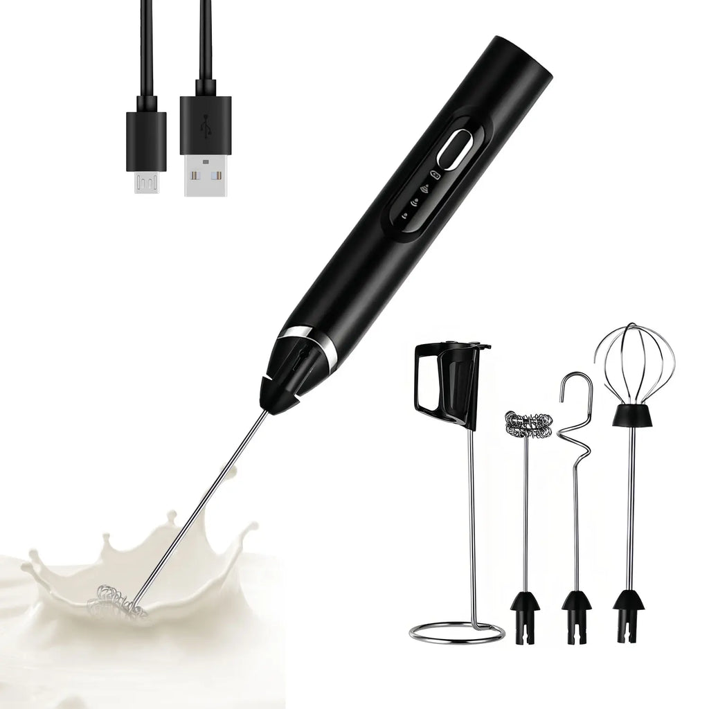 Upgraded Rechargeable Handheld Milk Frother with 3 Whisk Heads and 3 Speed Settings - Electric Coffee Mixer and Drink Foamer for Cappuccino, Latte, Cream, Hot Chocolate, and Egg Beating - Portable Stainless Steel Kitchen Tool
