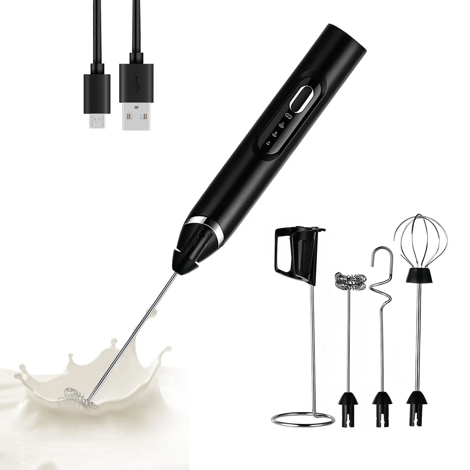 Upgraded Rechargeable Handheld Milk Frother with 3 Whisk Heads and 3 Speed Settings - Electric Coffee Mixer and Drink Foamer for Cappuccino, Latte, Cream, Hot Chocolate, and Egg Beating - Portable Stainless Steel Kitchen Tool