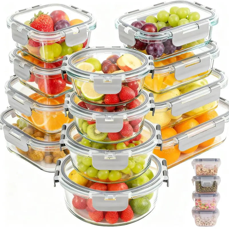 12Pack Airtight Glass Food Storage Containers with Lids,Microwave, and Dishwasher Kitchen Organizer, Bpa-Free , Black/Gray Set Utensils